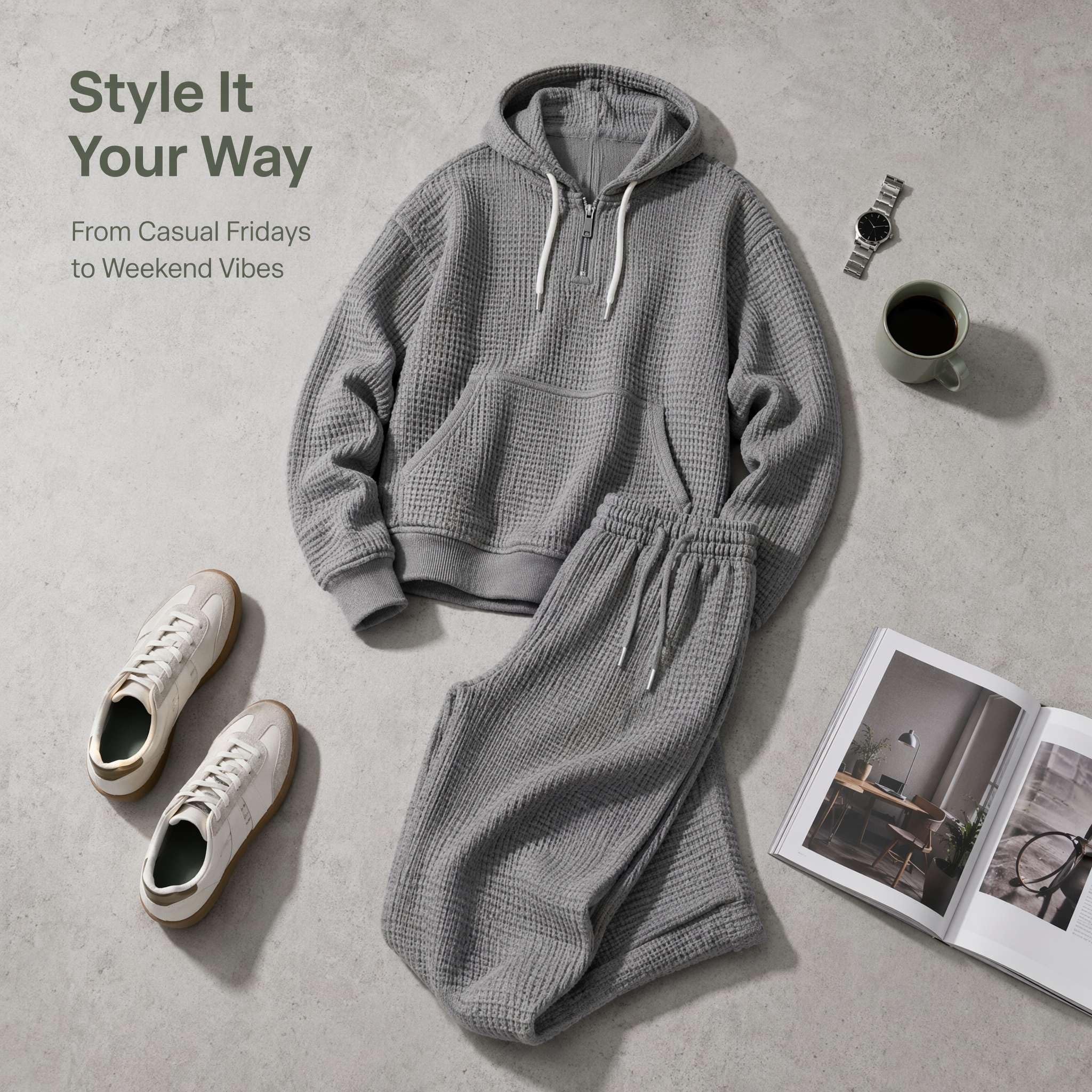 Generico Tuta Uomo Felpata Sportiva Effetto Waffle Casual Comodo con Tasche