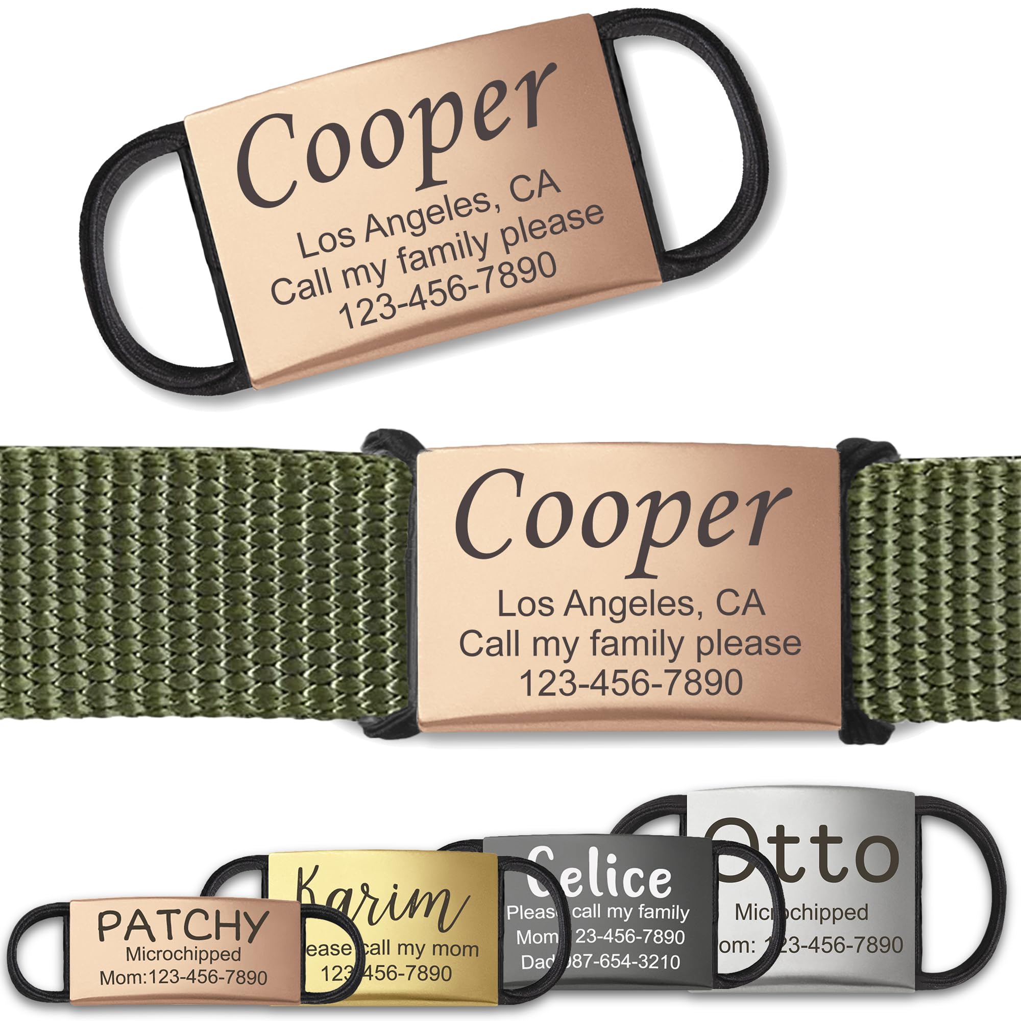 Anavia Slide On Silent Pet ID Tags, S/M/L/XL Personalized Stainless Steel Cat Dog Tag with Elastic Fabric Band, Engraved Nameplate Quiet Chew-Proof Pet Collar Tag (Rose Gold, X-Large)