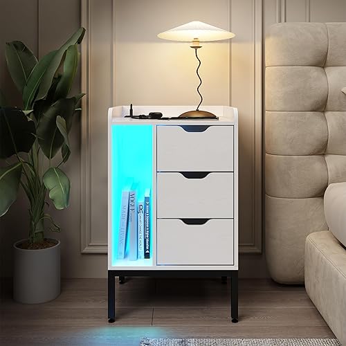 Miniatura 5 de Mesita de noche con estación de carga y luces LED, mesita de noche blanca con tomas de corriente, mesa auxiliar de diseño moderno con 3 cajones,