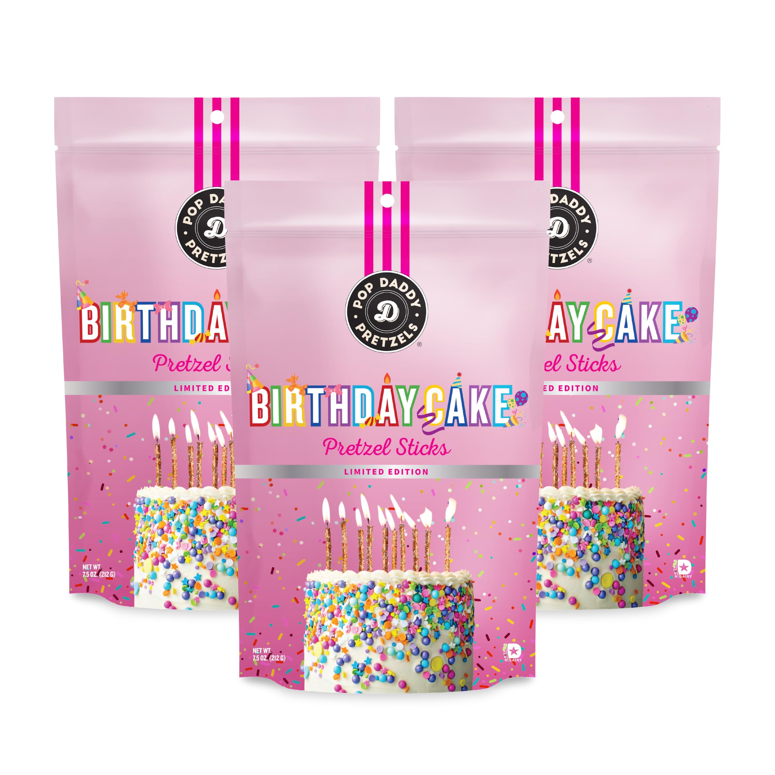 Pop Daddy Pretzels Sticks, Healthy Gourmet Flavored Pretzels Snacks, 7.5oz Individual Bags, 3 Pack, Birthday Cake