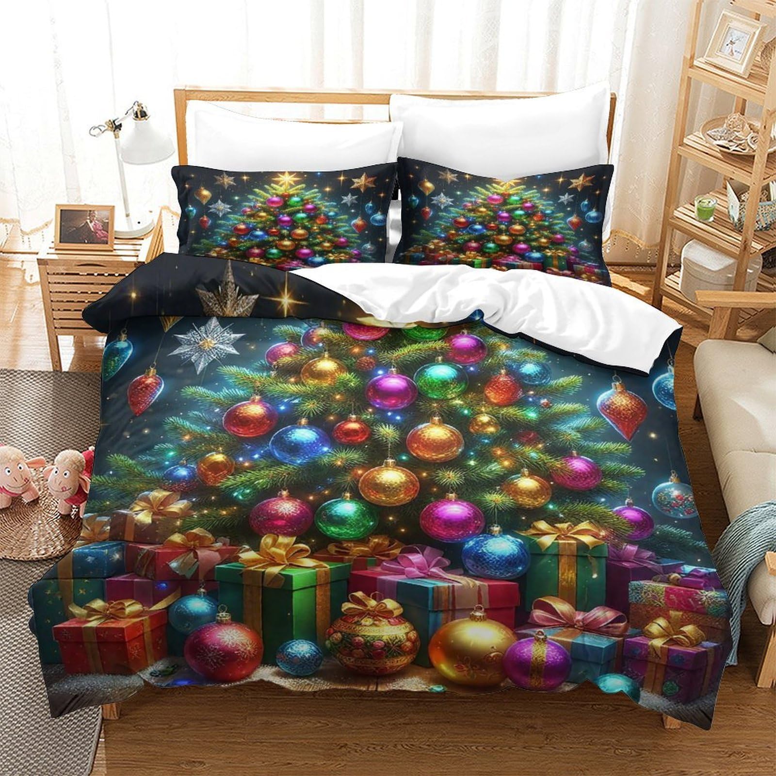 Qtivarlen Style-1 Merry Christmas Duvet Cover 3 Pcs With Pillowcases Bedding Microfiber Hidden Design Ultrasoft Easy Care King（220X240cm）