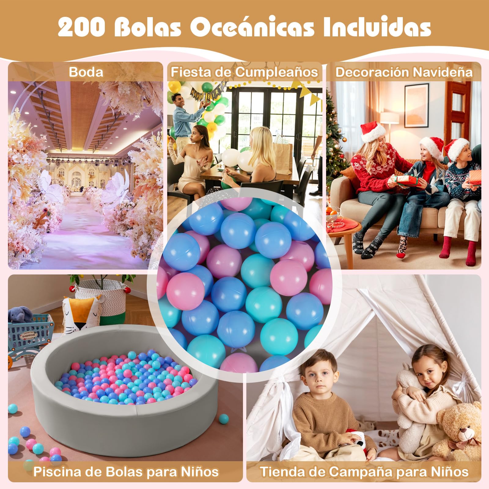 COSTWAY Piscina de Bolas para Bebés, Piscina de Pelotas Infantil Redonda de Esponja con 200 Pelotas Oceánicas y Bolsa de Malla, Parque de Bolas Infantil para Niños de 3+ Años (Gris)