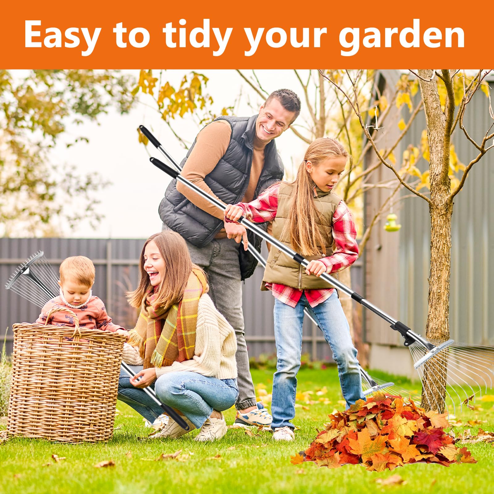 JOYBOY Rastrello da Giardino con 18 Denti in Metallo, Rastrello per Foglie 213cm con Testa Espandibile 20-40cm, Scopa da Giardino per Foglie Rastrello con Manico, per Cortile, Prato, Arbusti e Aiuole