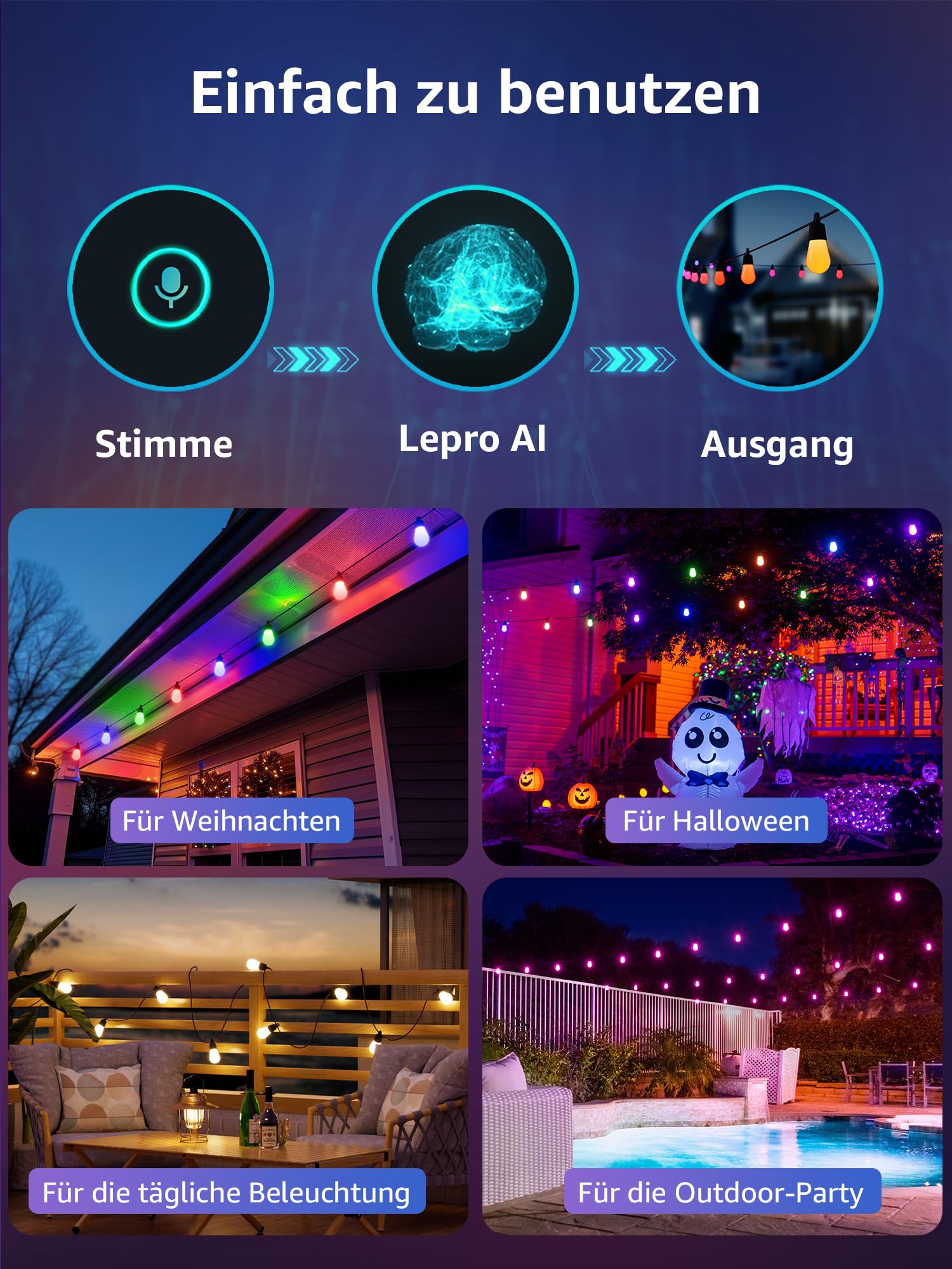 Lepro ZB1 AI LED Lichterkette Außen 30m, RGB+Warmweiß Smarte LED S14 WLAN Glühbirnen,App-Steuerung,Funktioniert mit Alexa&Google,IP65,Personalisierter KI-Lichtdesigner,ohne Fernbedienung, 30 LEDs