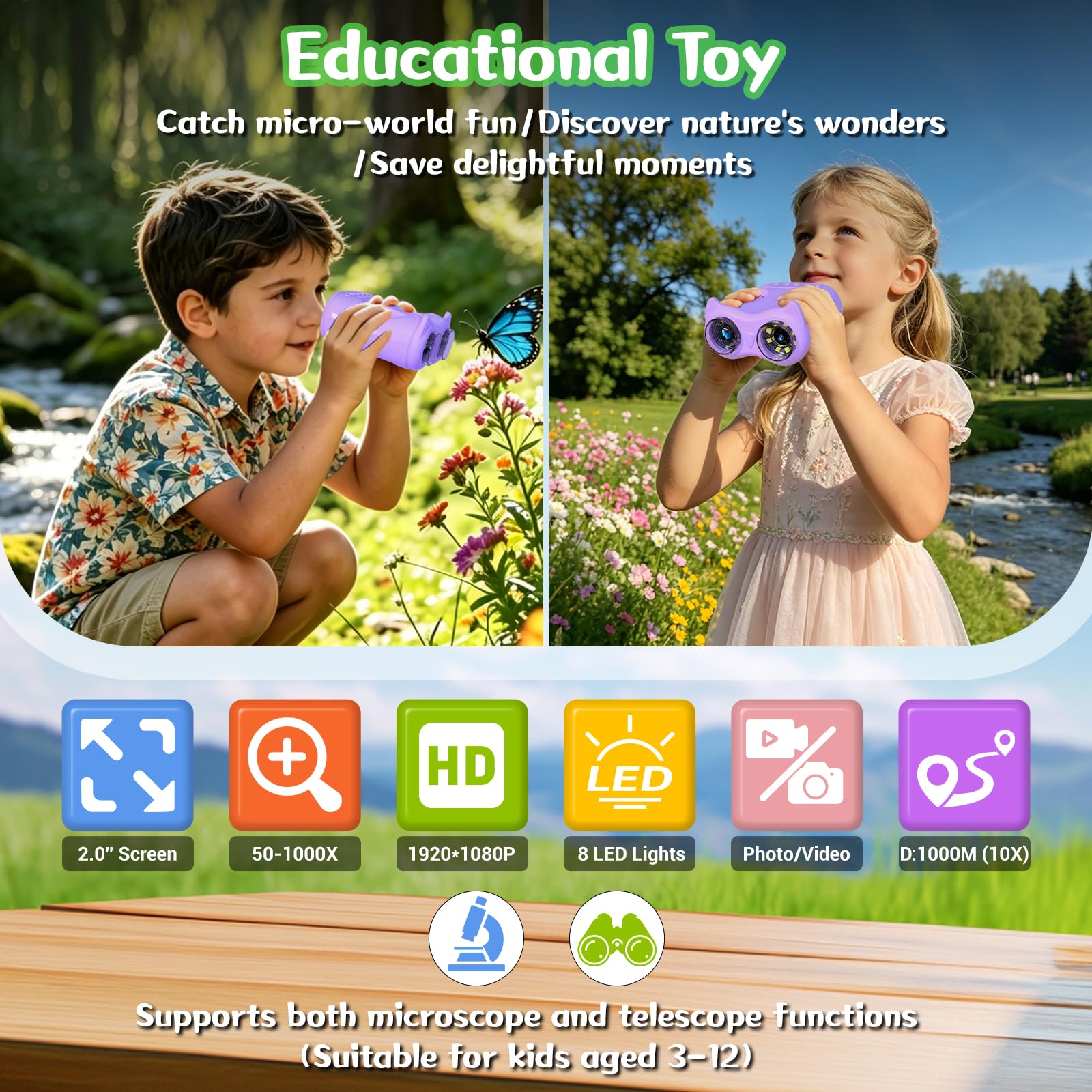 Digitales Mikroskop für Kinder, 2-in-1 1000X Tragbares Mikroskop & 10X Fernglas für Kinder mit Foto und Videofunktion – Handmikroskop Spielzeug Geschenke für Mädchen und Jungen ab 3 Jahren(Lila)