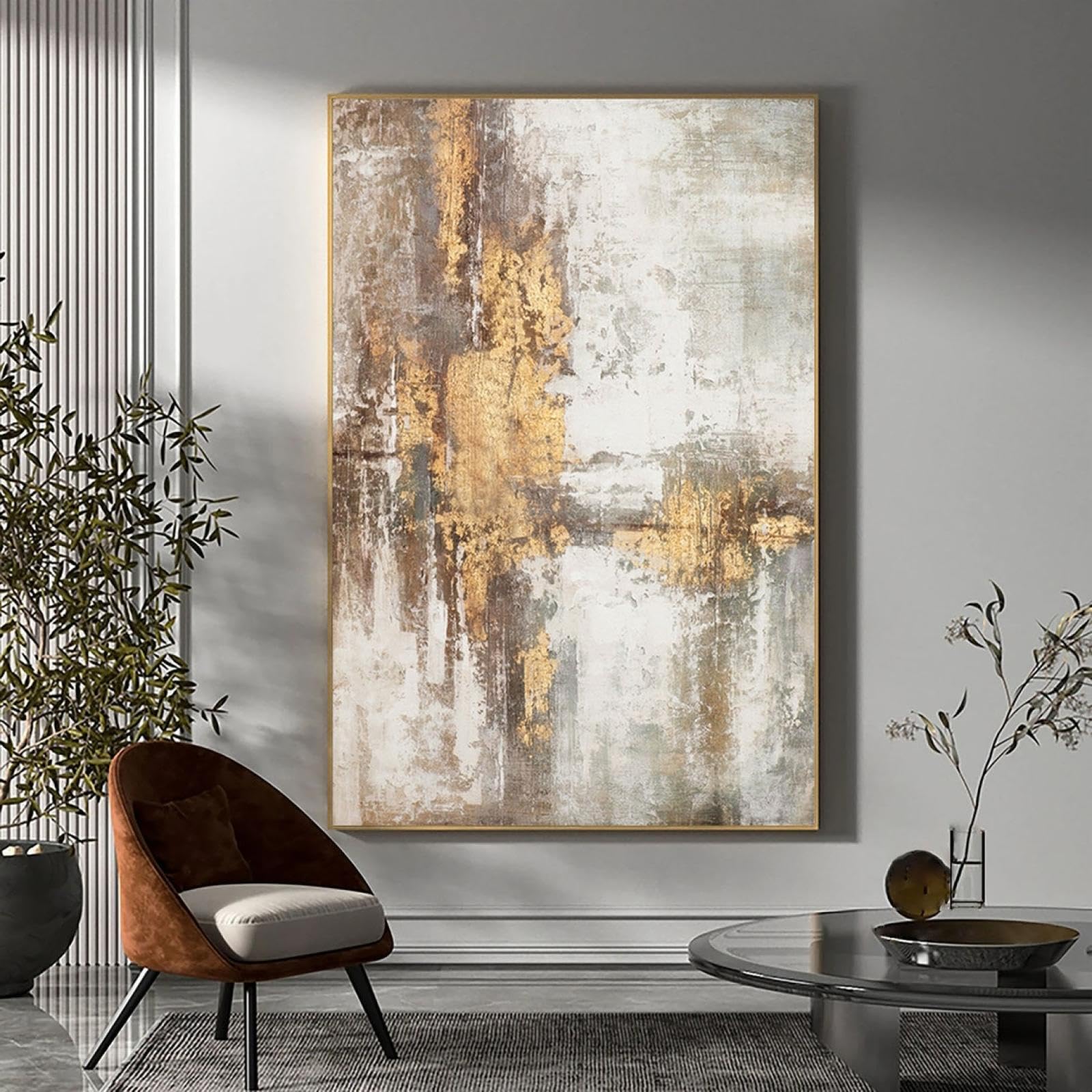 Pintura al óleo abstracta grande de color beige, dorado y gris para sala de estar, pinturas grandes, pintura en lámina de oro gris, arte de pared escandinavo, 90x145cm/35x57in sin marco