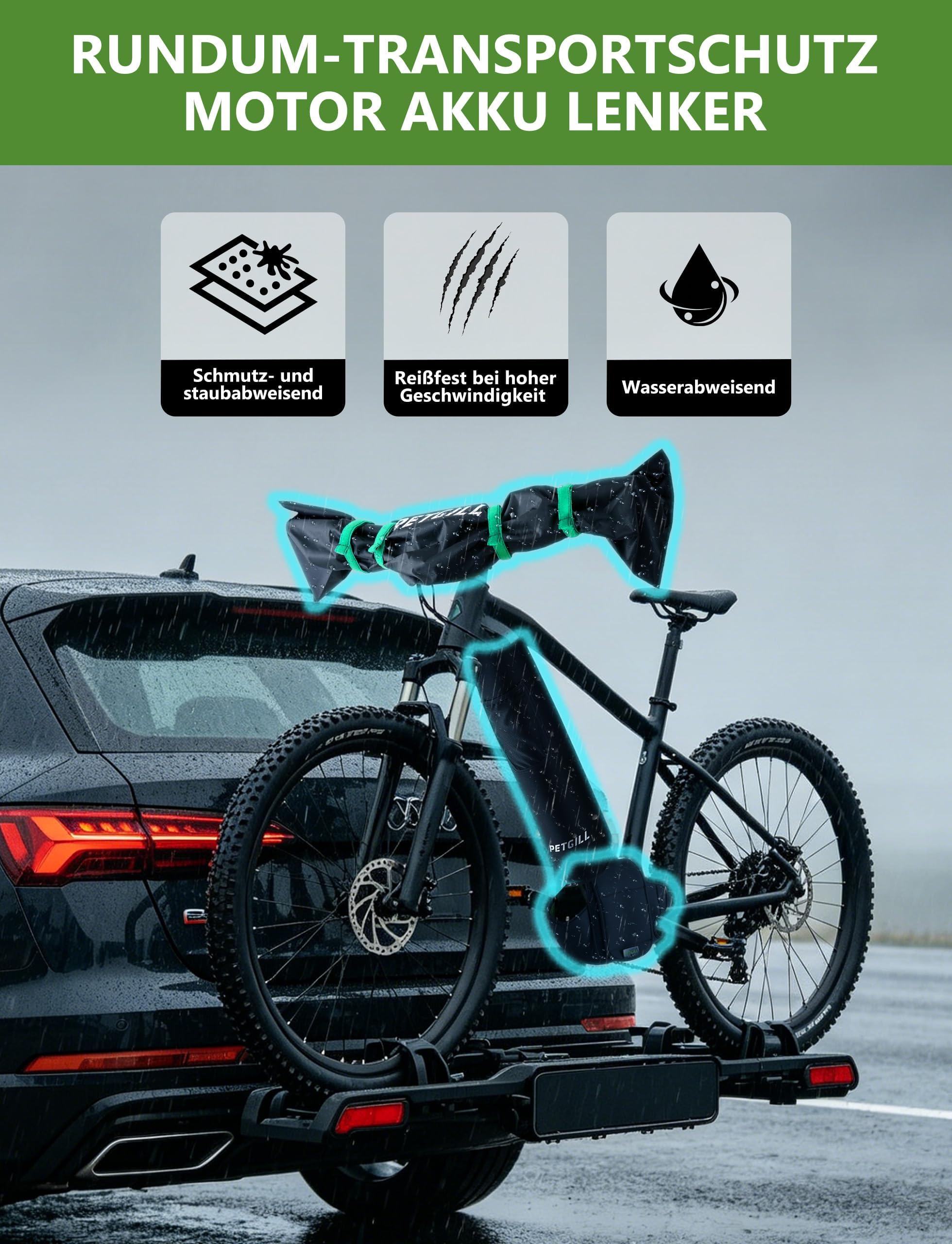 3-częściowy zestaw ochronny do transportu roweru elektrycznego – silnik, akumulator i kierownicę. Wodoszczelna ochrona przed deszczem podczas transportu bagażnika rowerowego. Akcesoria