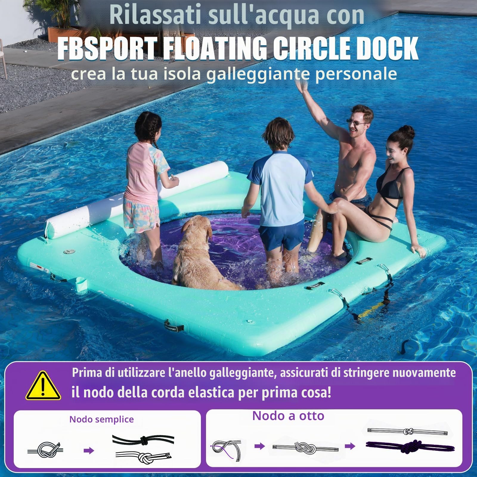 FBSPORT Pontile Isola Galleggiante, Amaca D'acqua Rotonda, Piattaforma Galleggiante per Laghi e Piscine con Scala, Portabicchieri, Pompa Gonfiabile e Borsa da Trasporto