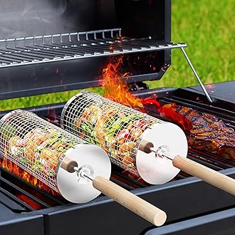 Ivtivfu Nesting Grill Baskets, Removable Wooden Handle, 304 Stainless Steel, Rolling Grilling Net, BBQ Accessories Tools for Vegetables Shrimp, Outdoor Cooking Camping, Gifts for Men Dad