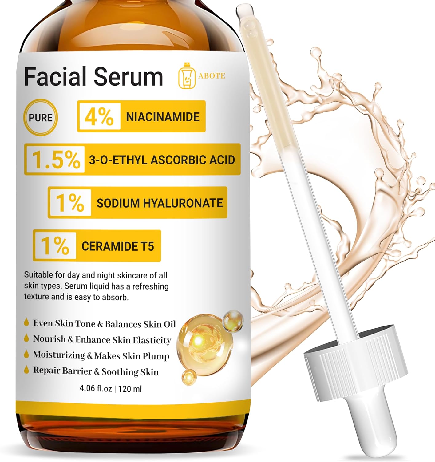 ABOTE Pure 4% Niacinamide Facial Serum with Pure 1.5% Vitamin C | 1% Hyaluronic Acid | 1% Ceramide T5 (4fl.oz | 120ml) ABOTE Pure 4% Niacinamide Facial Serum with Pure 1.5% Vitamin C | 1% Hyaluronic Acid | 1% Ceramide T5 (4fl.oz | 120ml)