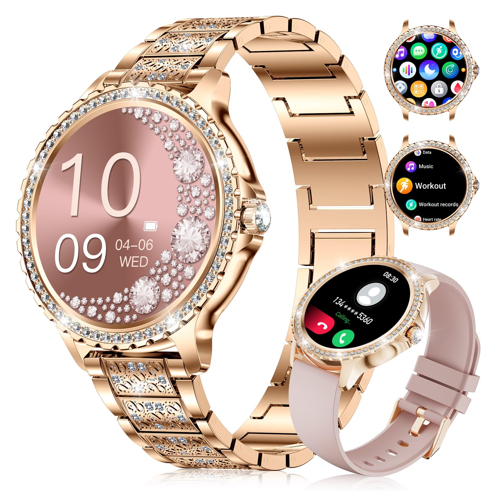 LIGE 1.32" HD Montre Connectée Femme avec Appel Bluetooth, Smartwatch avec Fonction Féminine/120+ Modes Sport/Fréquence Cardiaque/Sommeil/Cycle menstruel/Podomètre Calories pour Android iOS Or Rose