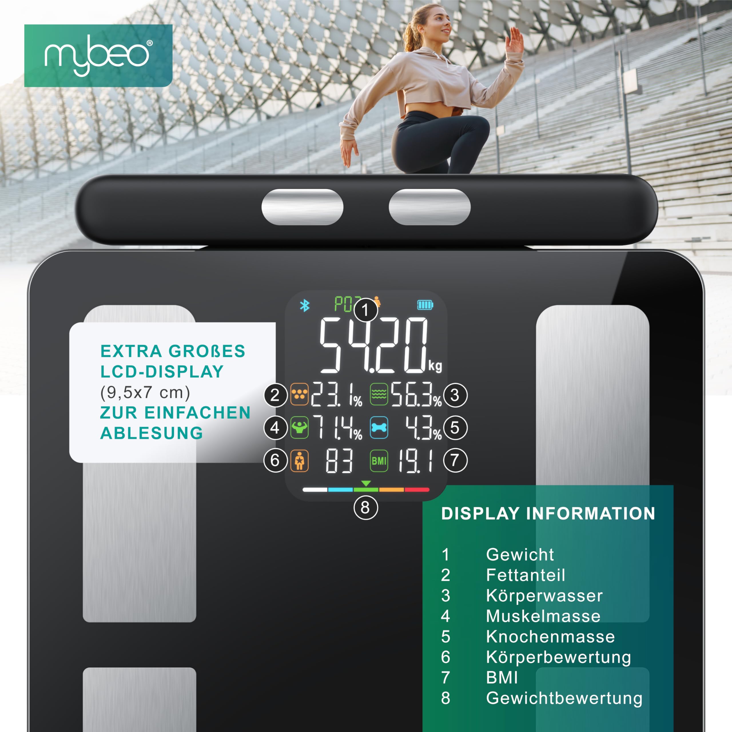 Mybeo - Körperfettwaage mit Handsensoren - mit App - Digitale Bluetooth Körperwaage - Personenwaage Multifunktionswaage - Digitale Anzeige – Handgriff für präzise Ergebnisse - mit Körperfettanalyse