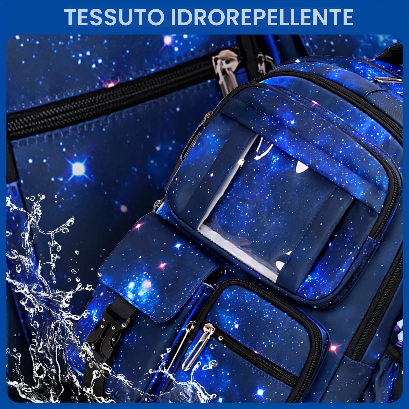 Amythe Zaino Scuola Elementare Bambino Traspirante, 7-12 anni | Zaini per Bambini dalla Prima alla Quinta Elementari, Zaino Ragazzo in Nylon Impermeabile con Ciondolo Astronauta, Blu Navy