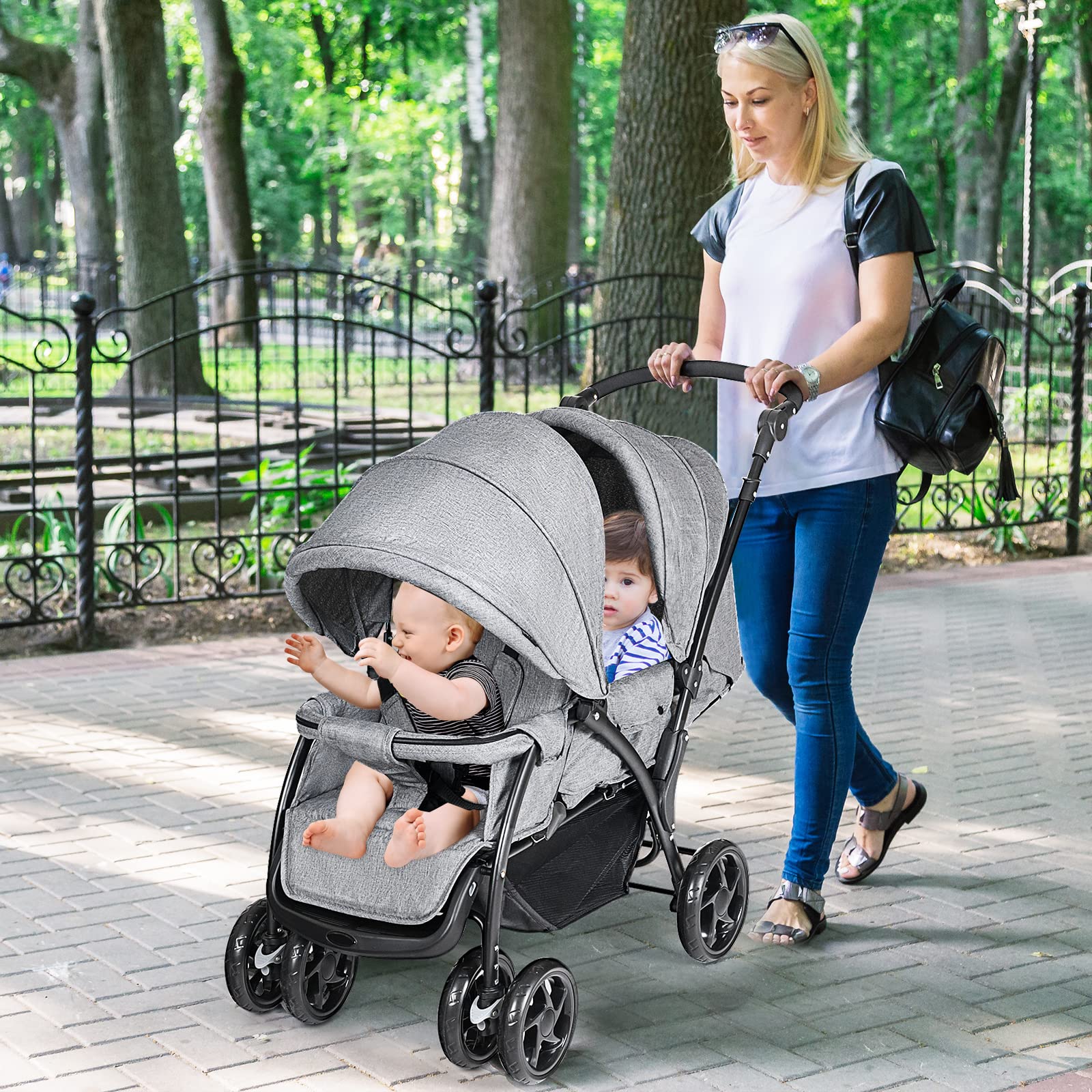 COSTWAY Poussette Canne Bébé 6 Mois+(Charge 30 kg) avec Dossier & Repose-pieds Réglables, Pousette Double Compact et Légère avec canopée, Pliable à une Main, Roues Antidérapants & Rotatives