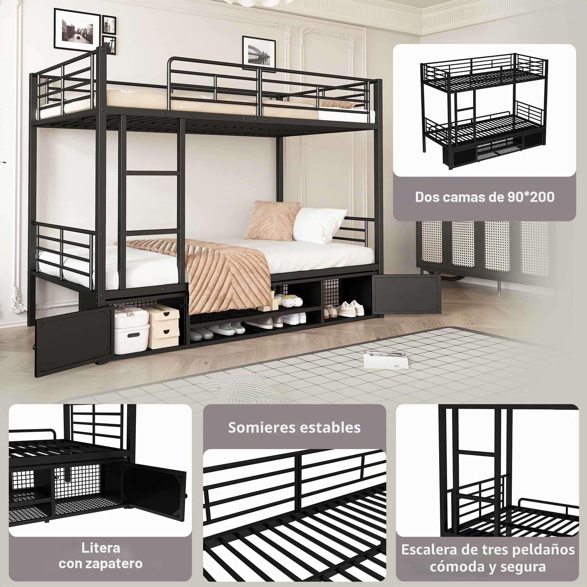 Lubvtti Litera con estructura de hierro 90 x 200 cm, zapatero abierto y pequeño armario de dos puertas, con escalera lateral y red de protección, negro (colchón no incluido)