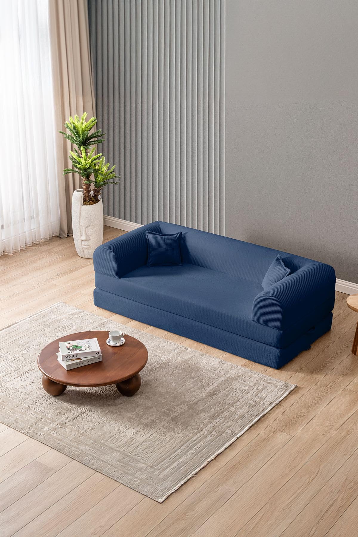 Sofá Cama de 3 plazas, Azul Marino, 190 cm, 100% Tejido de Felpa Acanalada, Funda extraíble, Apta para Mascotas, 2 Almohadas Incluidas
