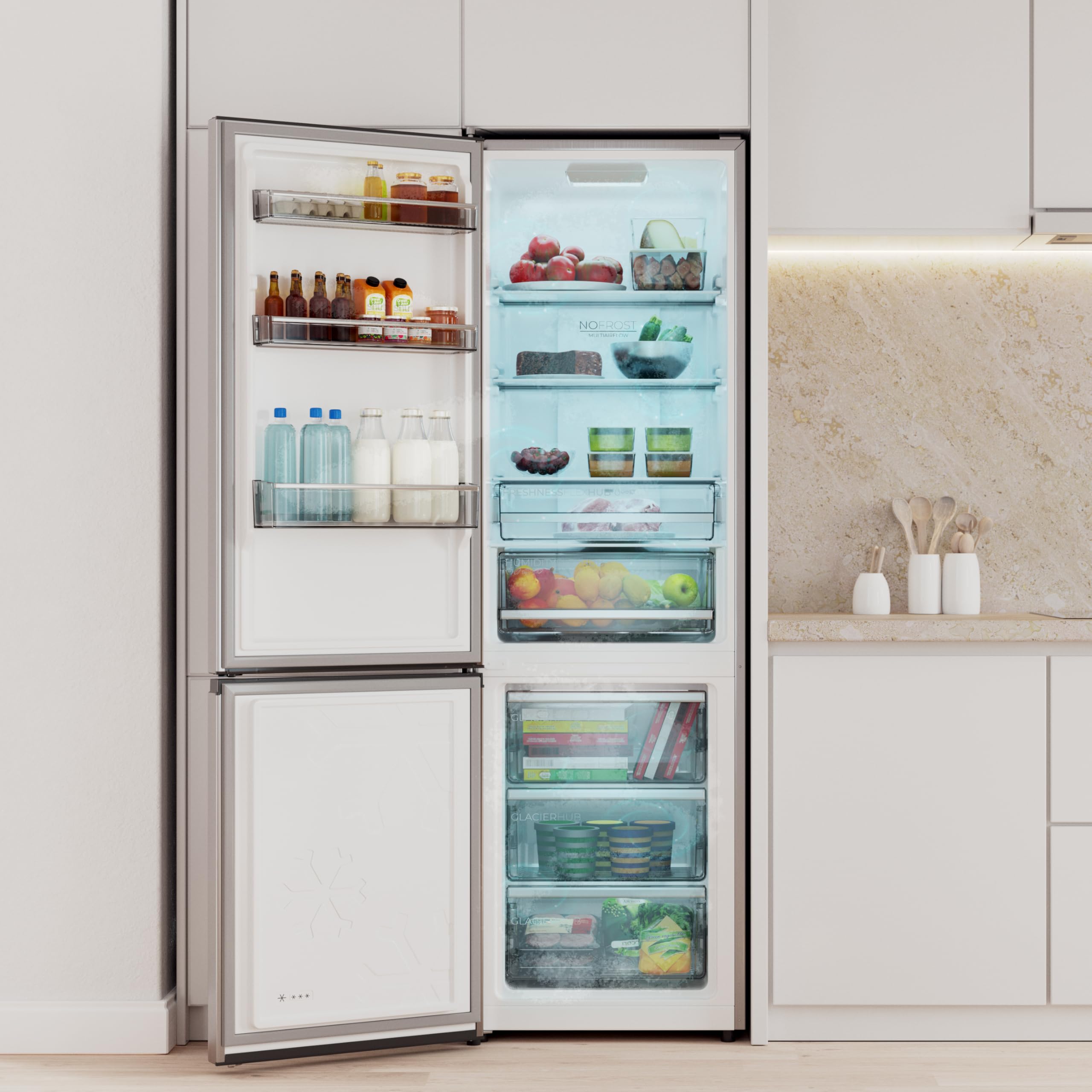 Cecotec Frigorífico Combi 335L No Frost Bolero CoolMarket Combi 335 Inox E. Altura 195,3cm y 59,5cm Ancho, Compresor Inverter Plus, Bajo Consumo, Estantes de Cristal, Cajón Control de Humedad, Inox