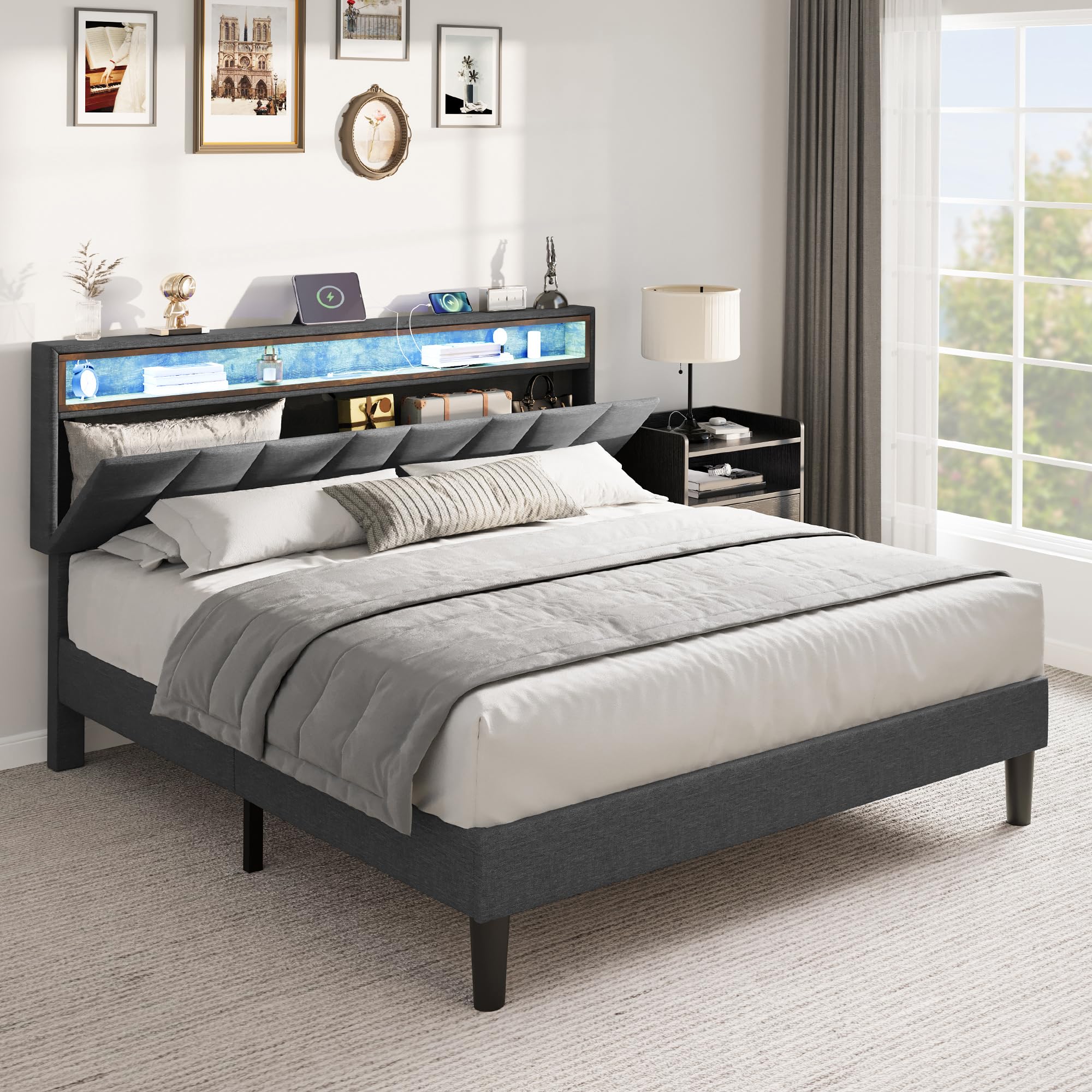 YITAHOME Queen Bed Frame with Storage Headboard, Upholstered Platform Bed Frame with LED Lights & Charging Station, No Box Spring Required, Easy