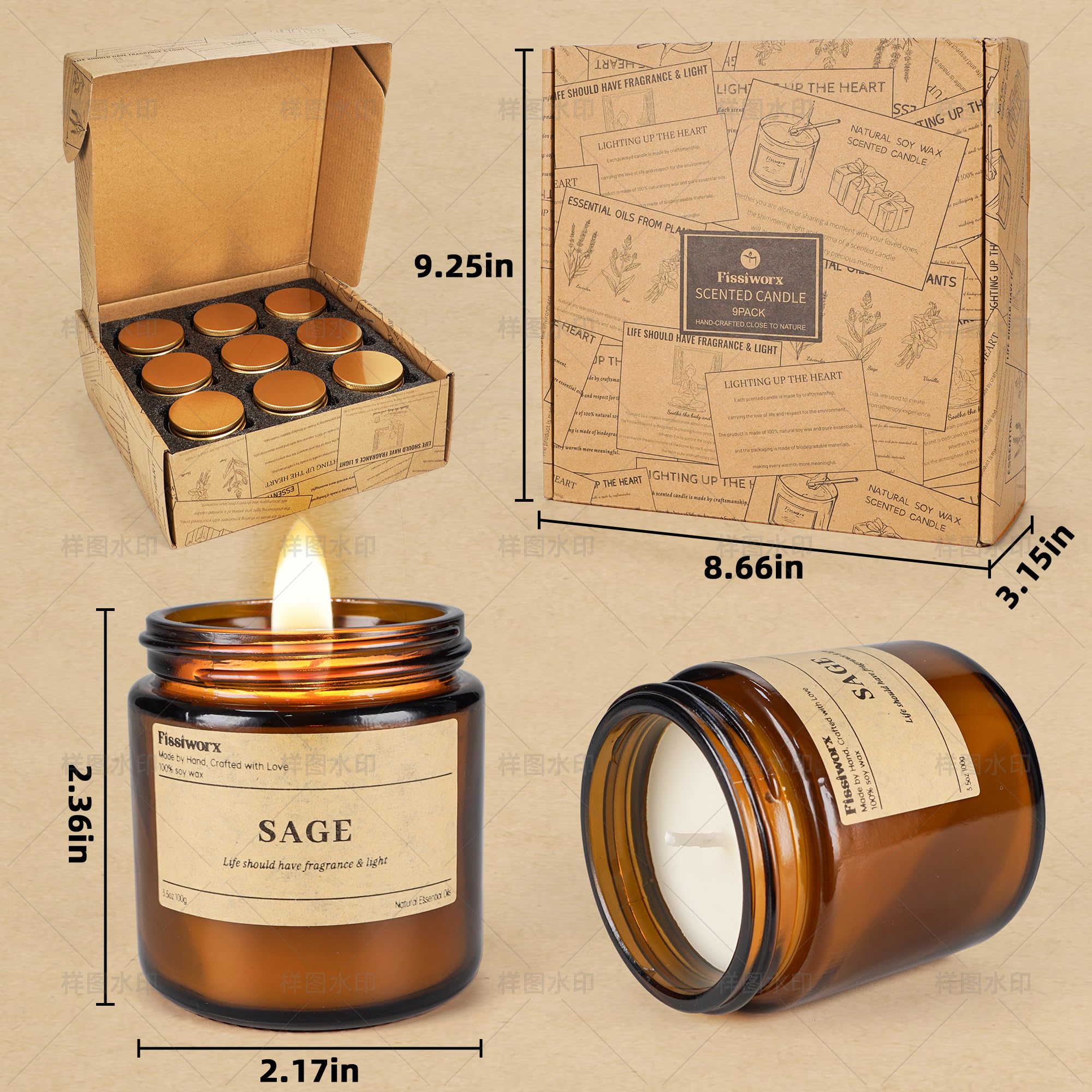 Paquete de 9 velas de soja perfumadas para el hogar (vainilla/ámbar/cedro) de larga duración, 270 horas, velas perfumadas naturales, regalo para mujeres y hombres, cumpleaños, día de la madre, Navidad