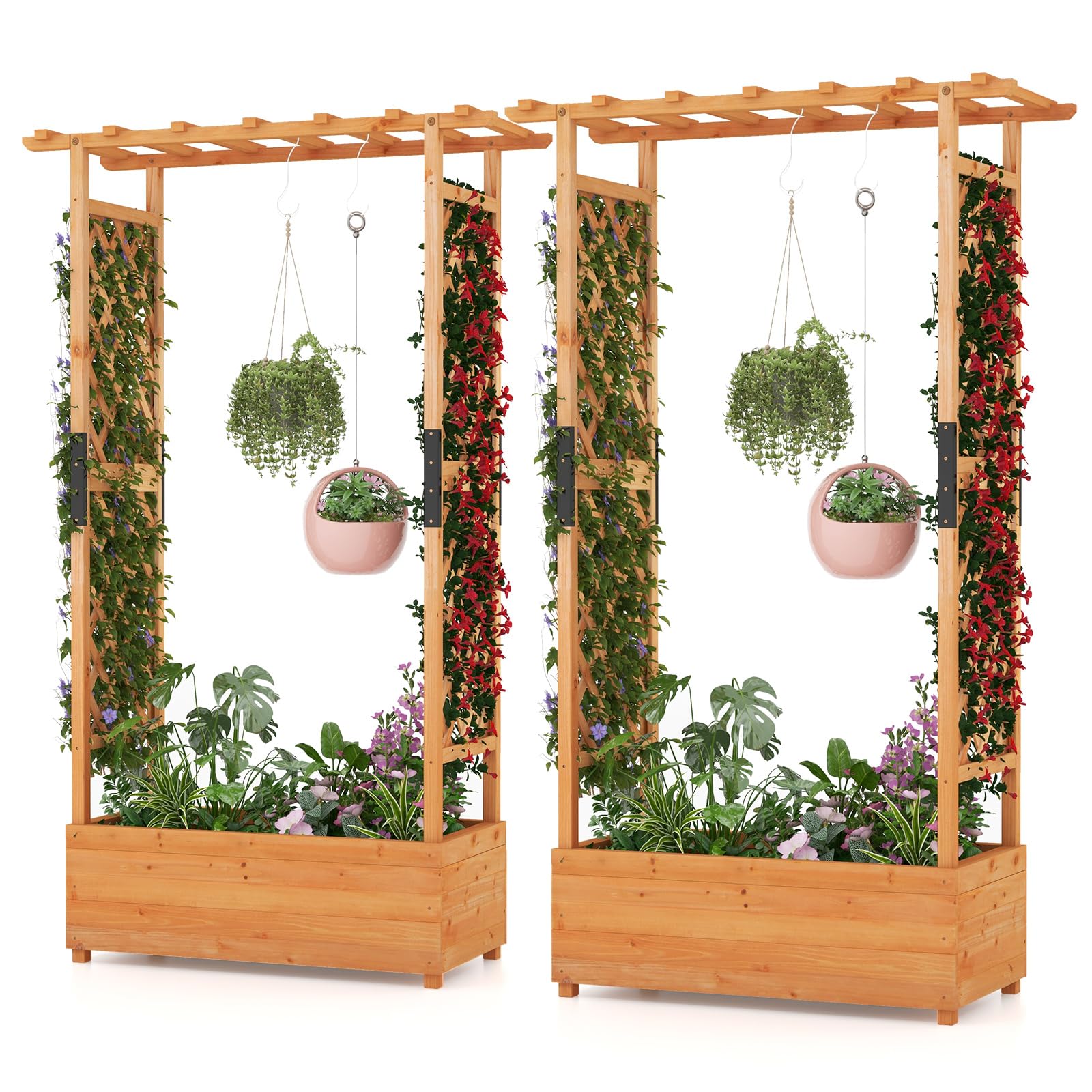 S AFSTAR 72-Inch Raised Garden Bed with Arch Trellis, Hanging Roof & Drainage Holes, Vertical Plant Container for Vine Climbing Plant Flower, Indoor Outdoor Wood Elevated Planter Box for Garden Patio