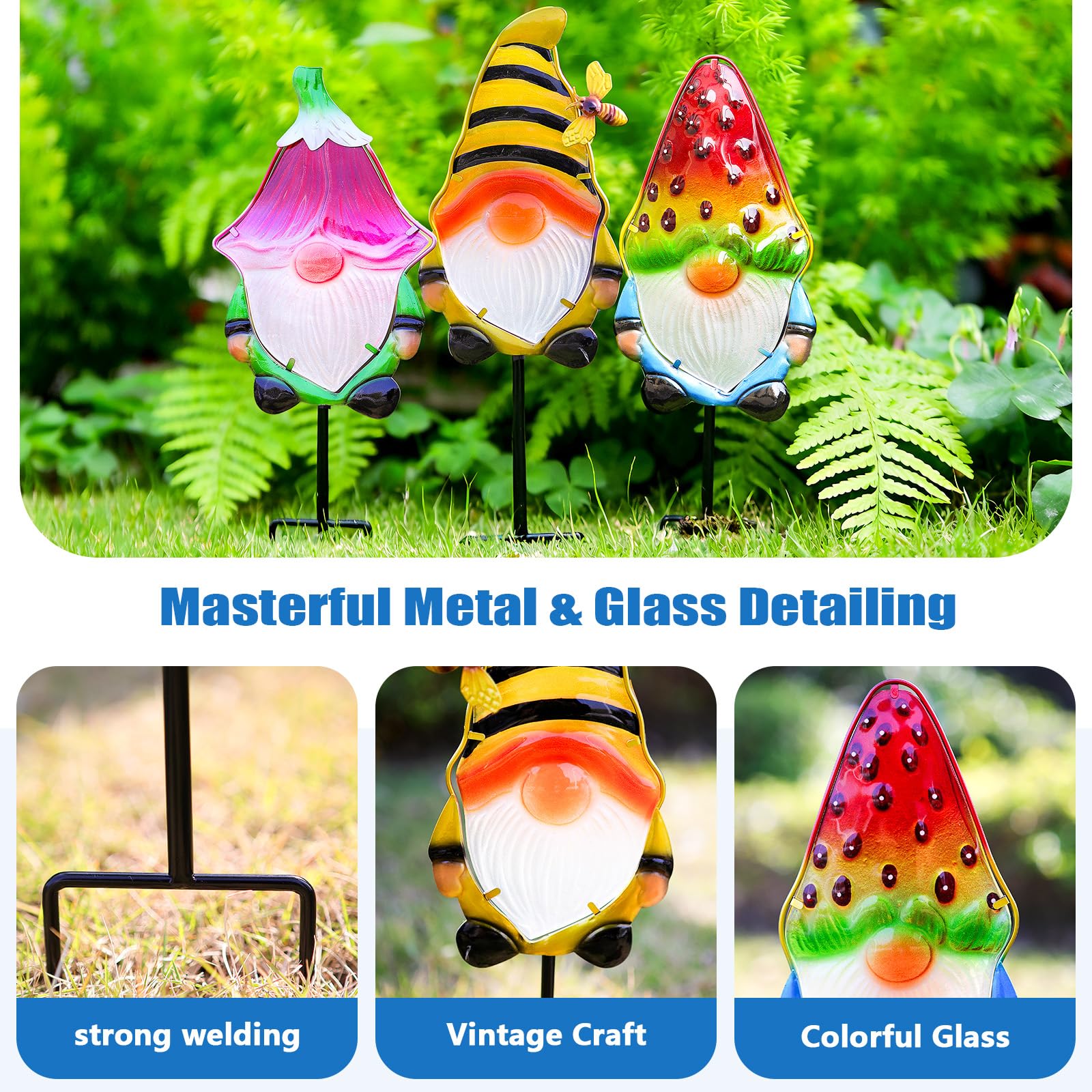 Gnome Garden Stake Set of 3 Metal Glass 18.3" Funny Outdoor Yard Lawn Decor view 4