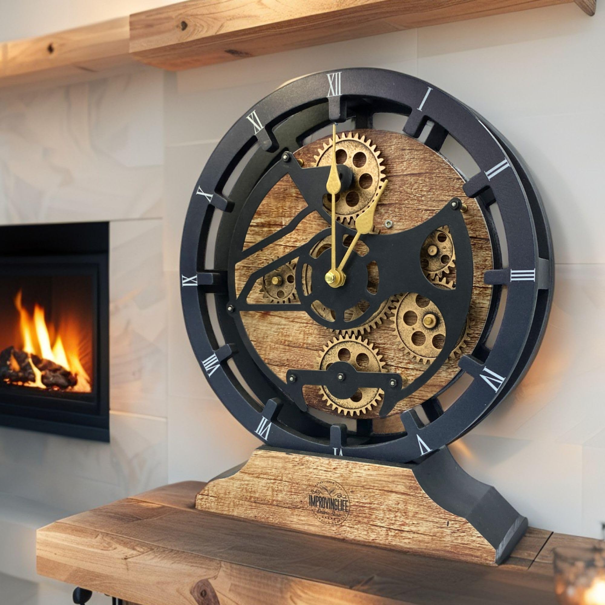 ImprovingLife The Gears 10" Desk Clock with Real Moving Gears Convertible to Wall Clock (Vintage Brown)