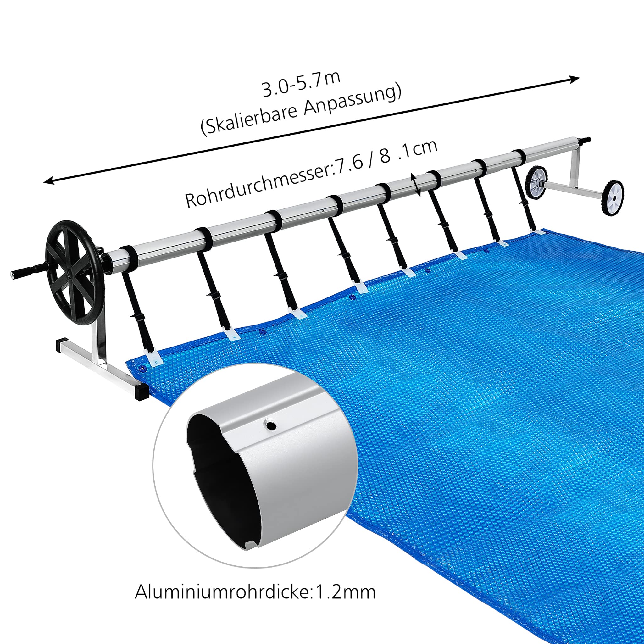 YUENFONG Sistema Enrollable móvil de Acero Inoxidable para Lona Solar, Lonas de Piscina, Enrollable móvil Ajustable, con Ruedas y Correas, Material Resistente a la Intemperie (3m-5,70m)