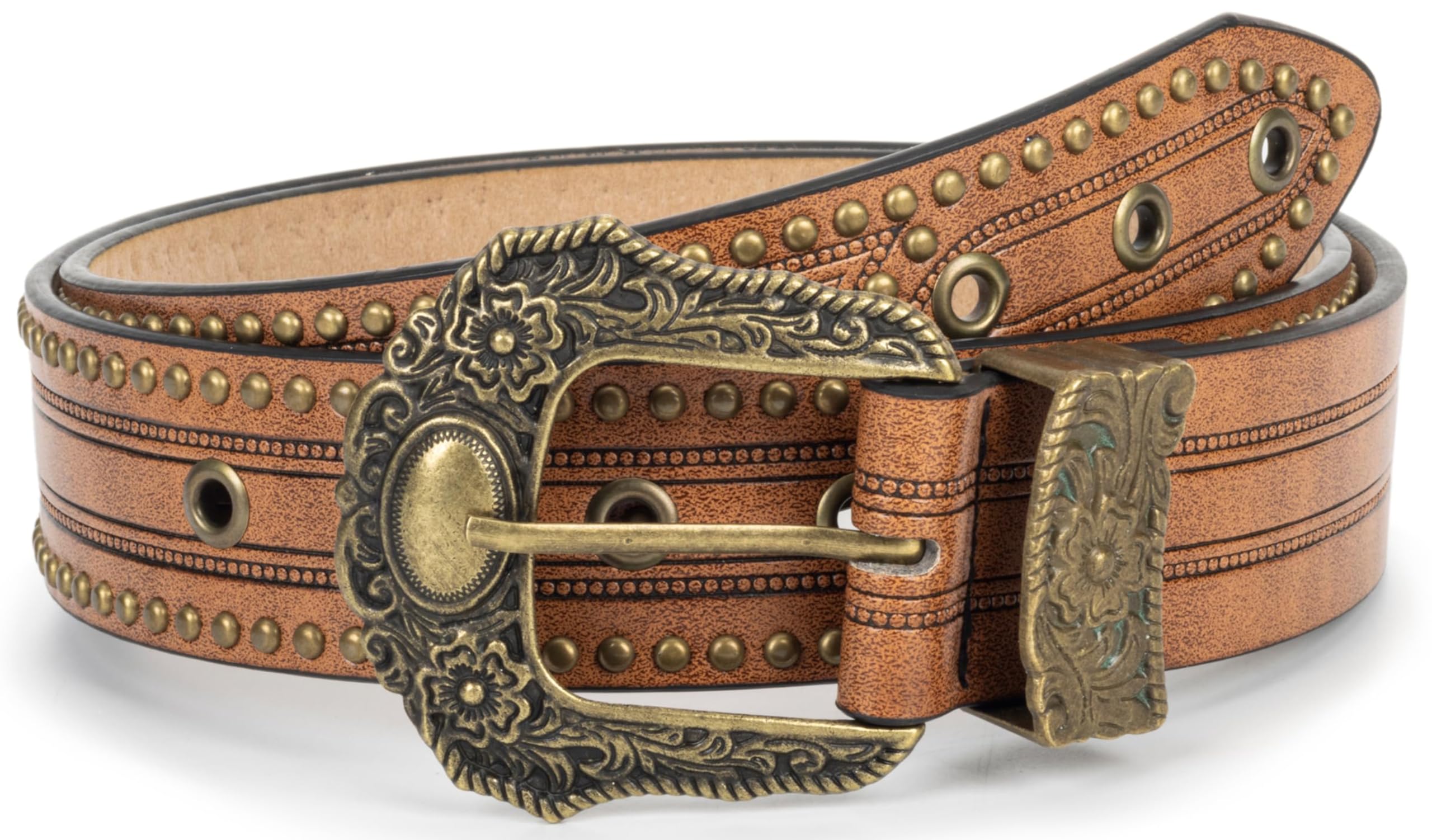 Vintage Western-Cowboy-Belt for Women Men - Carved Buckle PU Leather Waist Belts for Waist 28-38