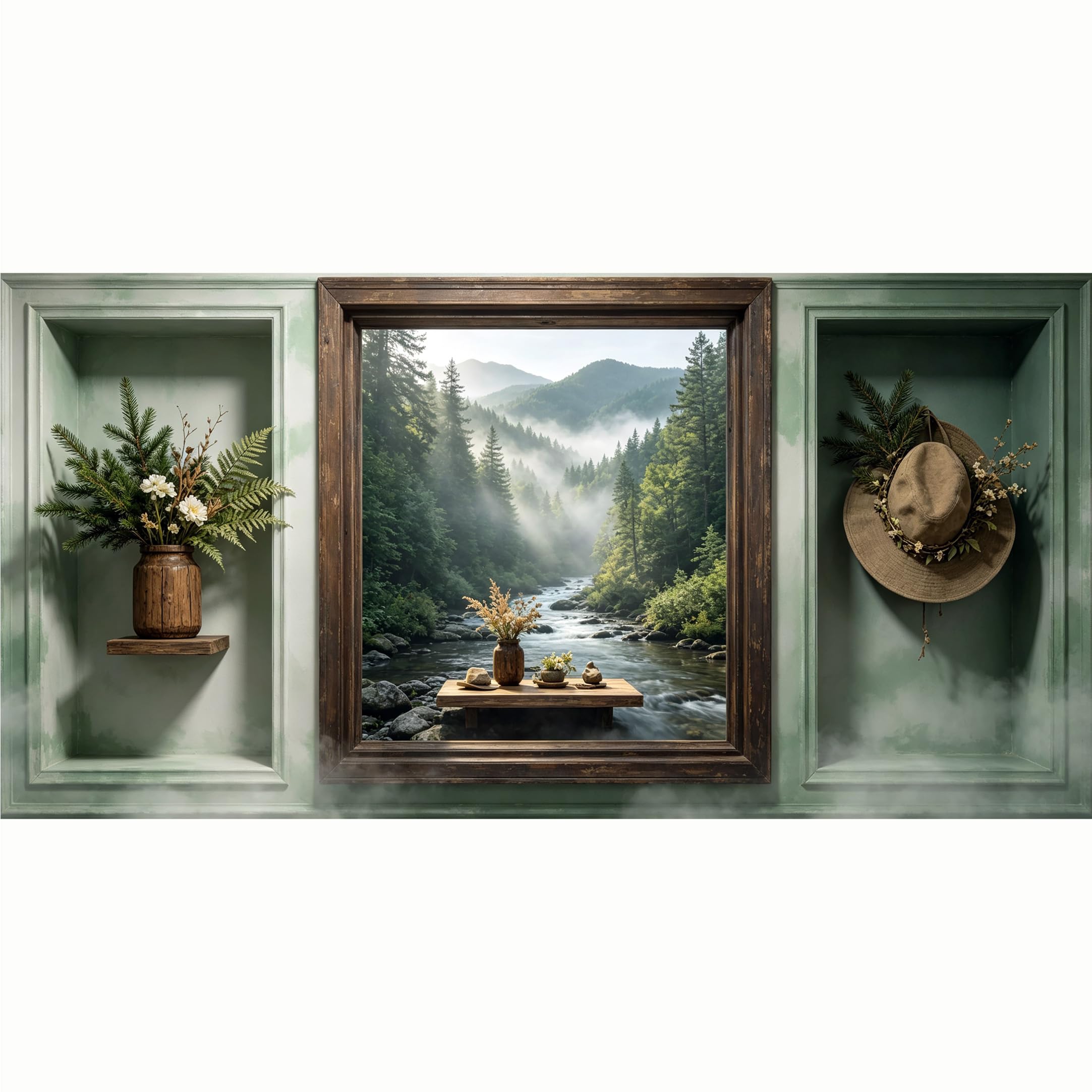 QZLITHOTIC 50x100cm 3D Framed Wall Art， Misty Mountain Forest River Landscape SelfAdhesive Mural， WaterActivated Peel & Stick Fabric Decor Wall Decal for Bedroom Living Room