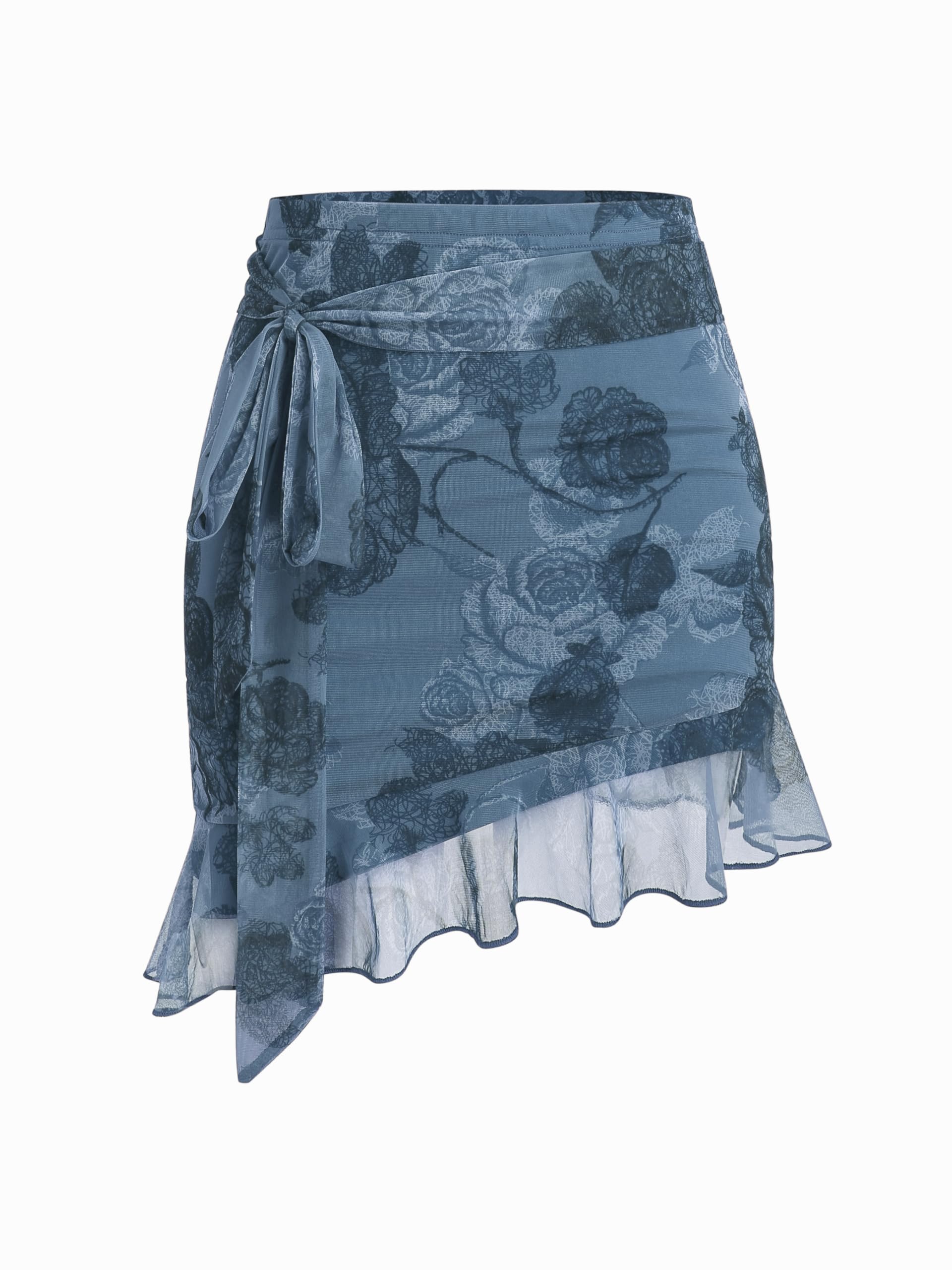 CIDER Chiffon High Waist Floral Knotted Mini Skirt