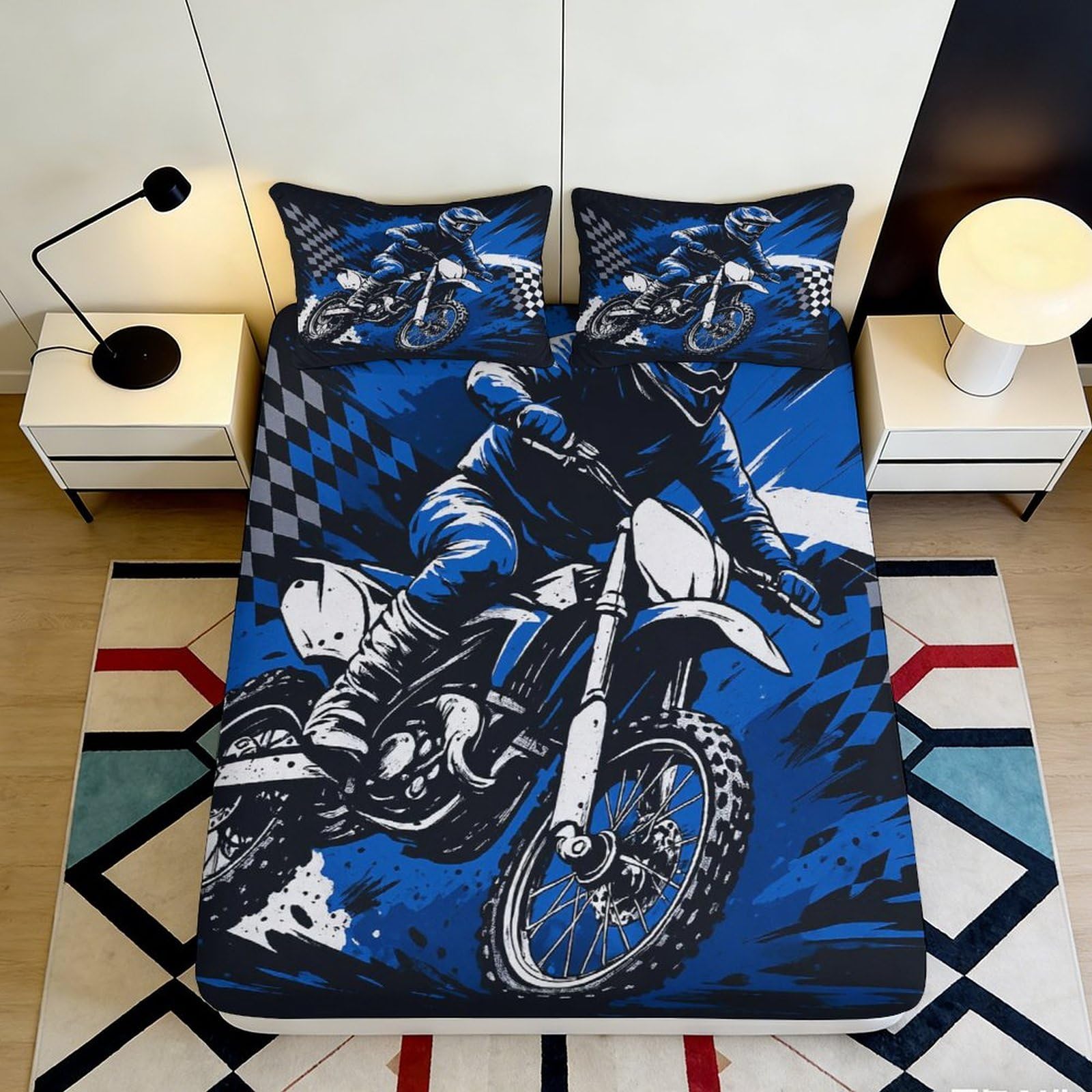 Pnayamiorkfel Style-7 3D Printed Blue Motocross Rider Fitted Sheet Microfiber Soft Bed Cover For Bedroom Dorm Mattress Protection Decor 90X200x25cm