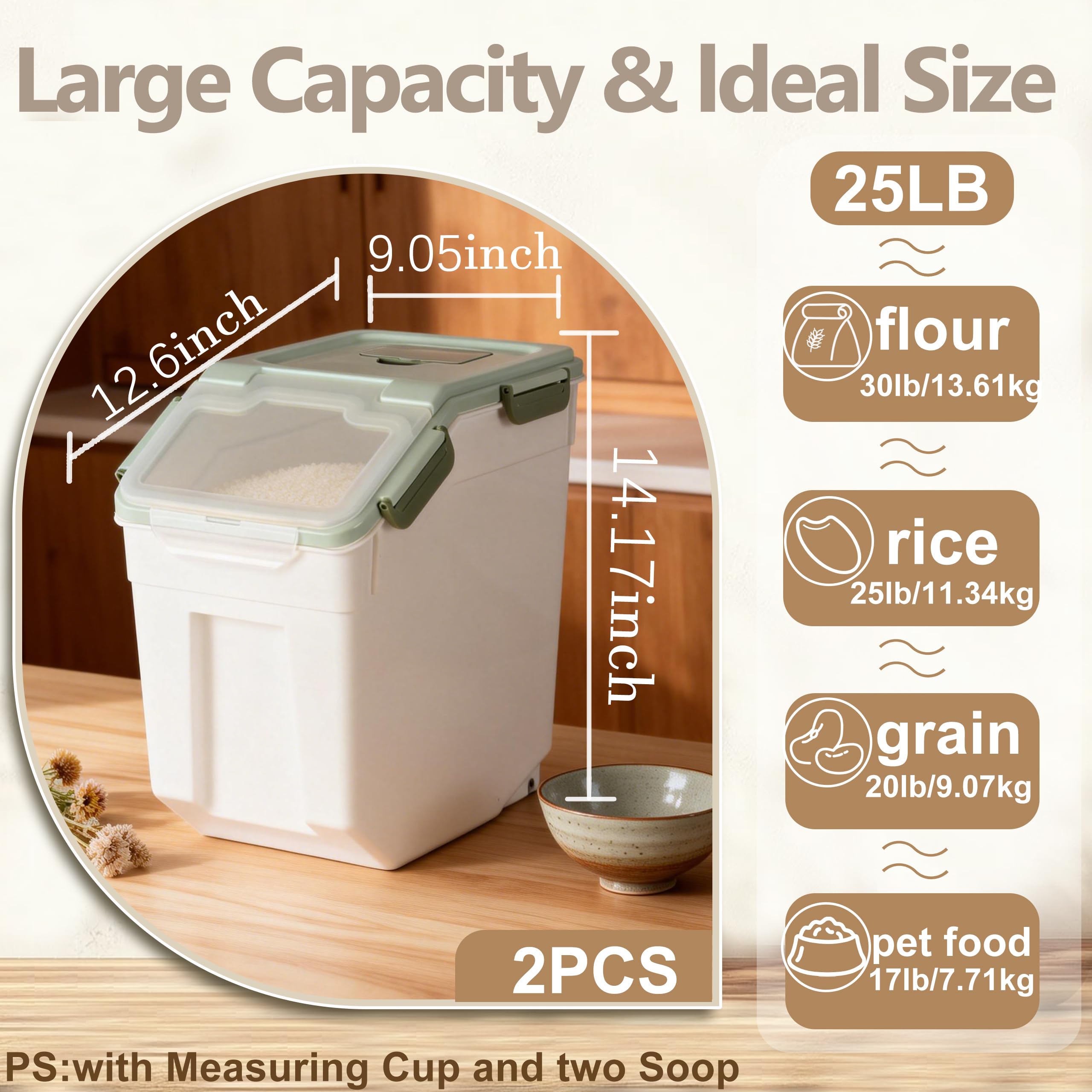 RUIAN Contenedor de almacenamiento hermético grande, contenedor de almacenamiento de arroz de 25 libras con tapa de bloqueo de sellado de ruedas, con taza medidora y cuchara para harina, arroz, grano