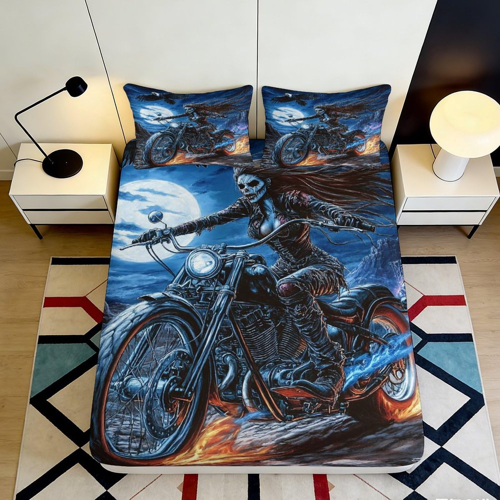 Pnayamiorkfel Style-8 3D Printed Skeleton Rider Fitted Sheet Microfiber Dark Motorcycle Moon Bed Cover For Bedroom Dorm Mattress Decor 90X200x25cm