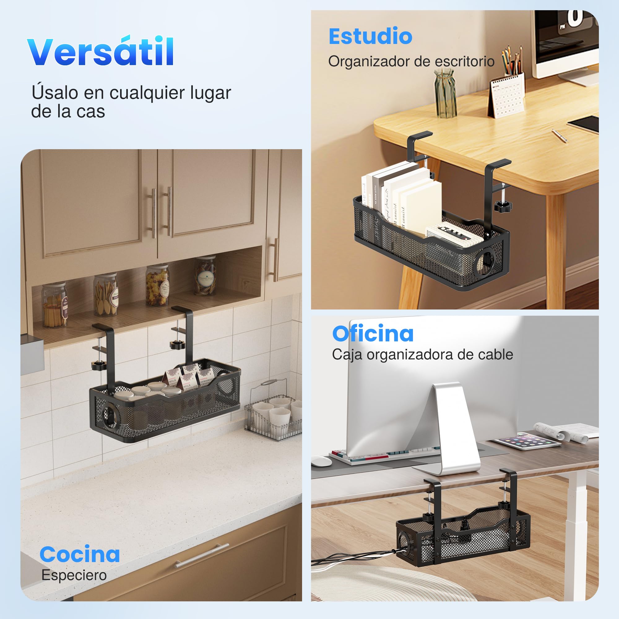 Under Desk Cable Management Tray Black, Cinati Wire Organizers No Drill, Cable Tray with Clamp for Wire Management, Cord Organization Box for Office, Home - No Damage to Desk