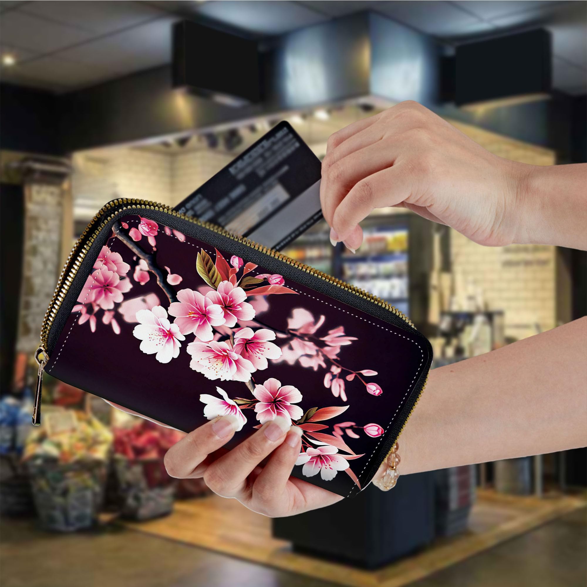 RYUITHDJP Large Capacity Wallet Zip Around Leather Wallet for Women Men Phone Holder Clutch Travel Purse Multifunctional Wallet with Detachable Wristlet Strap - Cherry Blossom