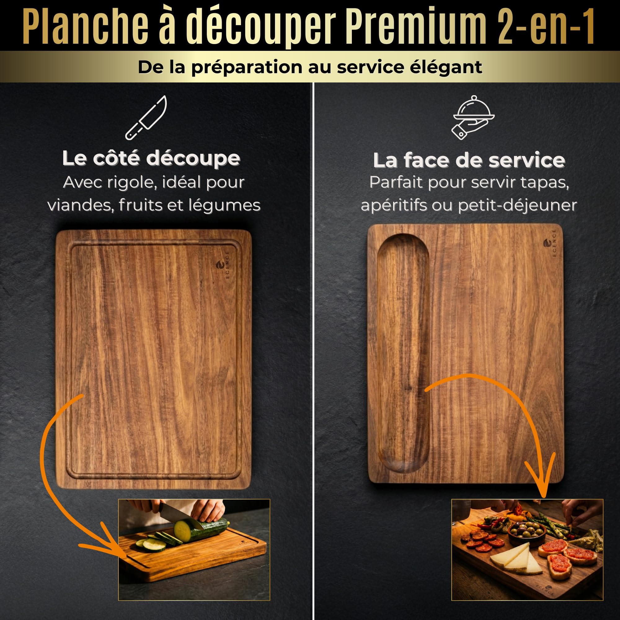 ECENCE Planche à découper en bois d'acacia - 40x30x3cm | utilisable des deux côtés, planche de cuisine haut de gamme avec rigole à jus et poignées latérales pour couper & servir