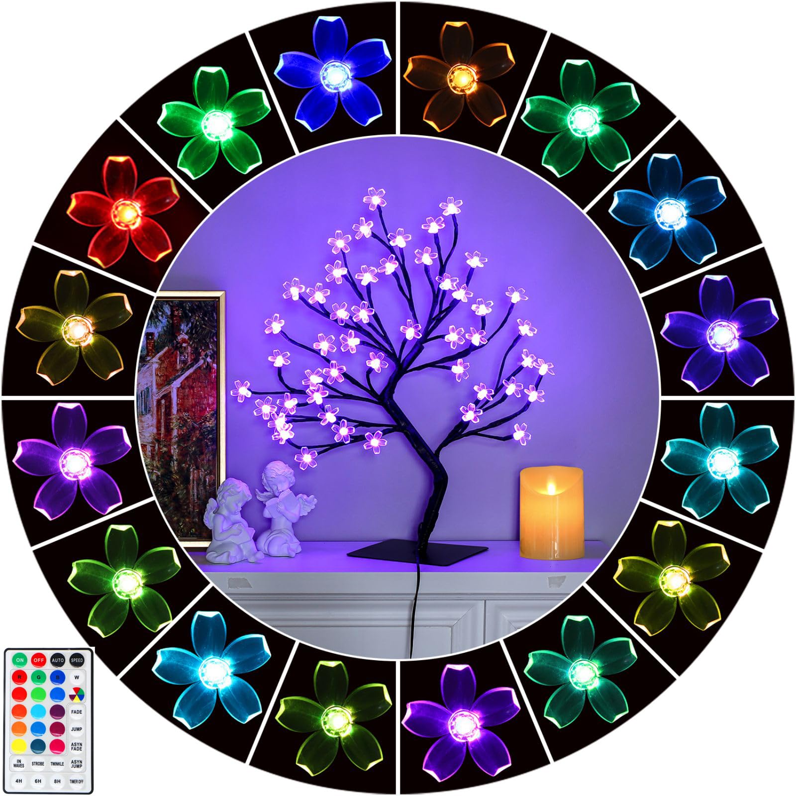 BDUSXYZ Lighted Cherry Blossom Tree - 48 LED Color-Changing Artificial Bonsai With 4 Modes