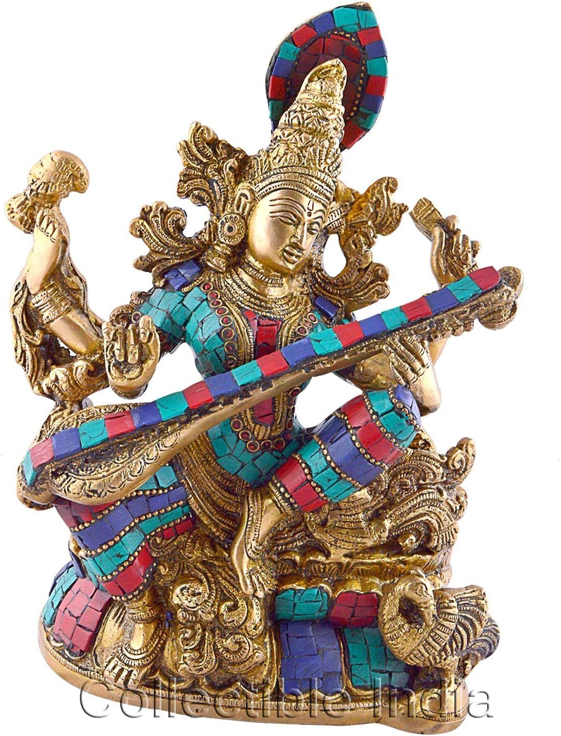 Collectible IndiaSaraswati Statue Hindu Goddess Figurine Brass Sculpture Knowledge Maa Music Idol