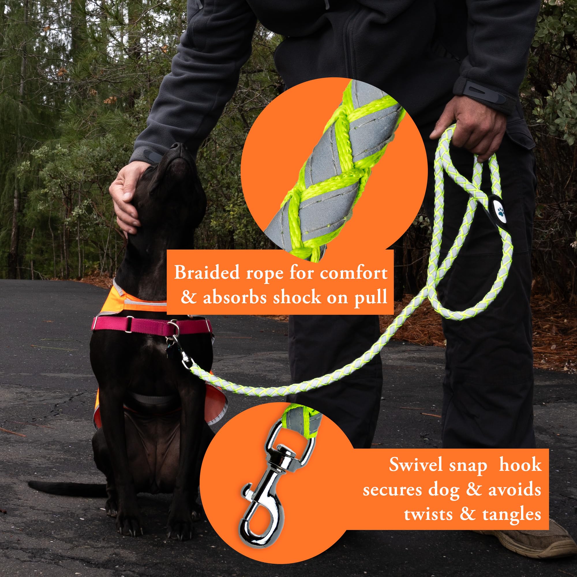 SafetyPUP XD Reflective Dog Leash. Heavy Duty and Durable for Large and Medium Breeds. 6 Ft Long Rope, Tangle Free Braided Leash with Comfortable Handle
