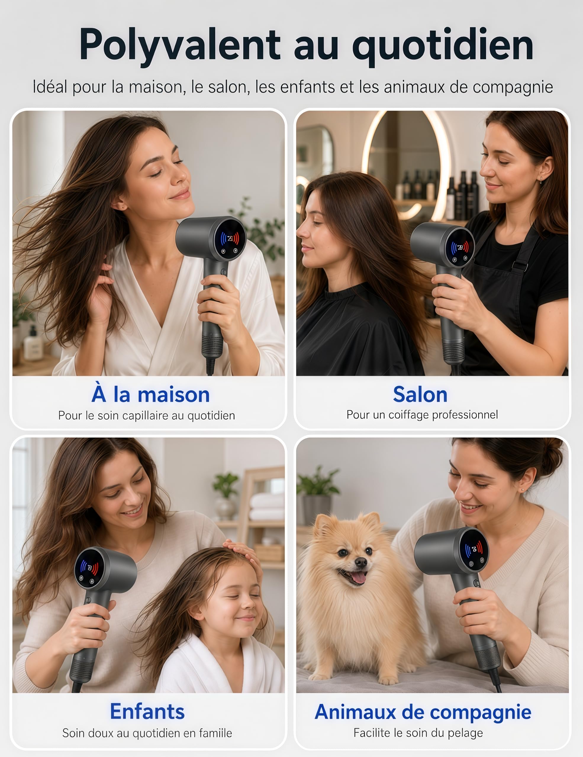 Sèche-Cheveux Haute Vitesse avec 5 Diffuseurs Compatible avec Dyson, 160 000 tr/min, Ionique, Moteur sans Balai Silencieux, Écran Tactile LED, Contrôle NTC, 600 M d’Ions Négatifs, 13 Modes, Magnétique