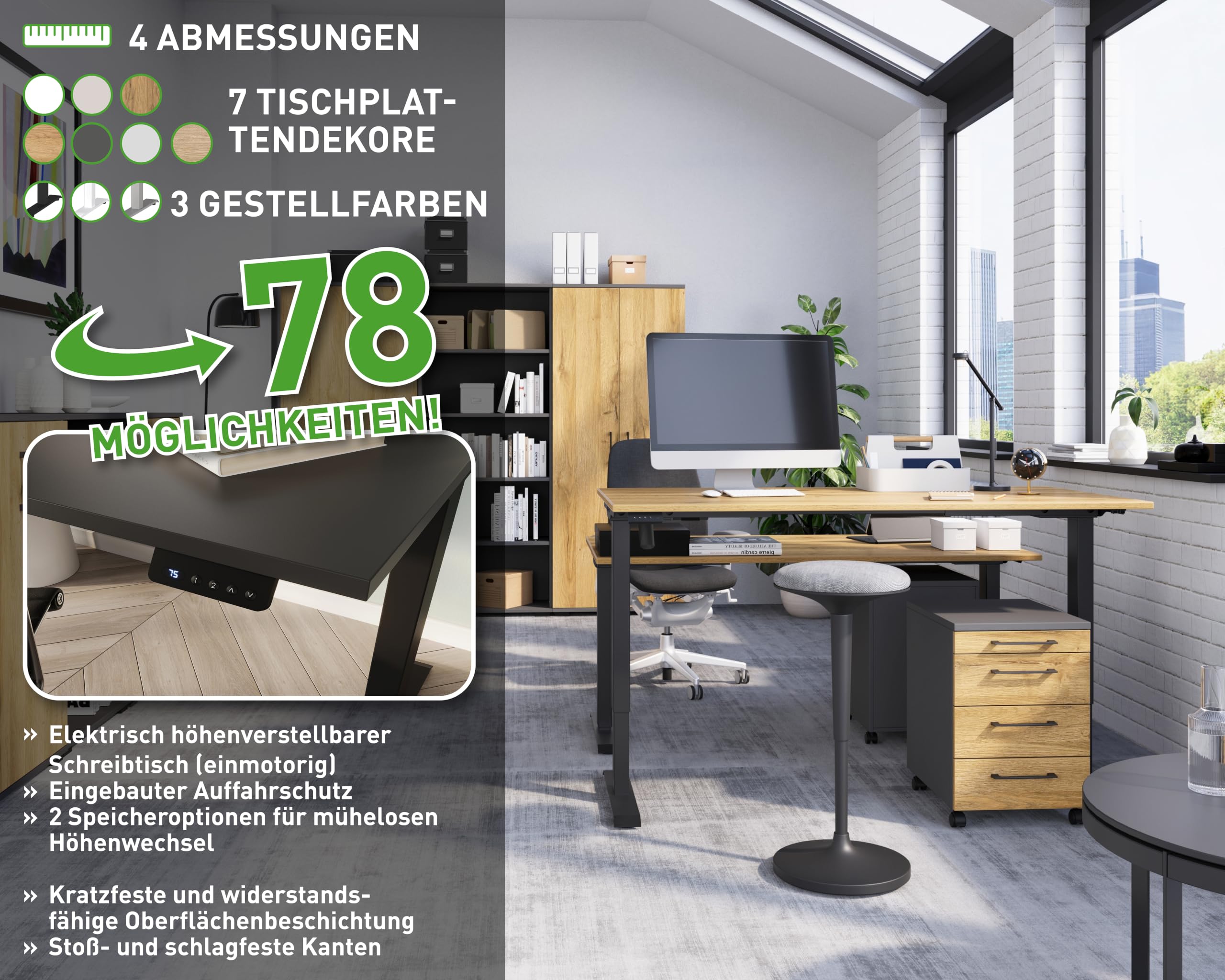Germania Scrivania 8024-242, in rovere Navarra repro/bianco, regolabile elettricamente in altezza, 160 x 119 x 80 cm (LxAxP)