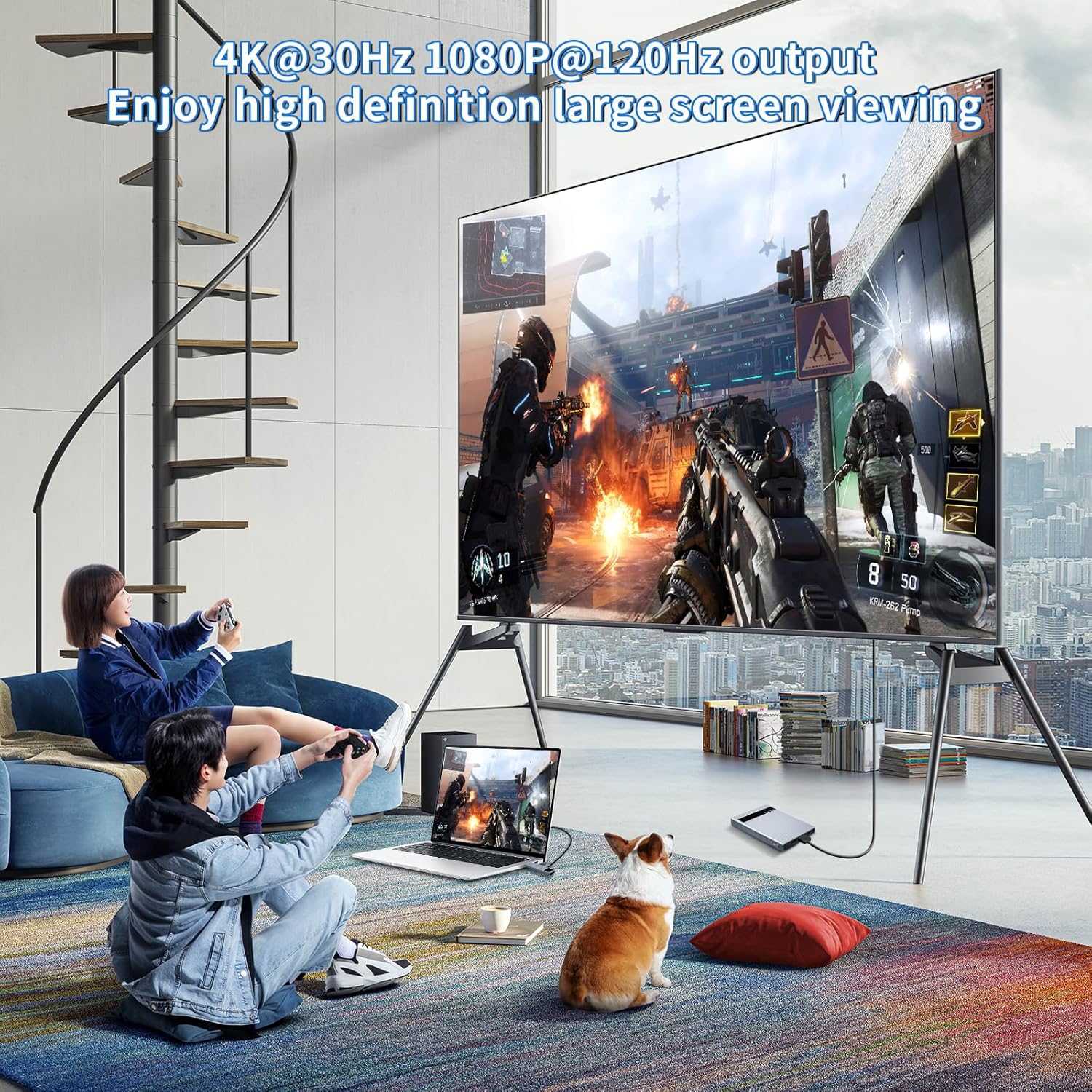 People gaming on a large screen using PeakDo Wireless HDMI