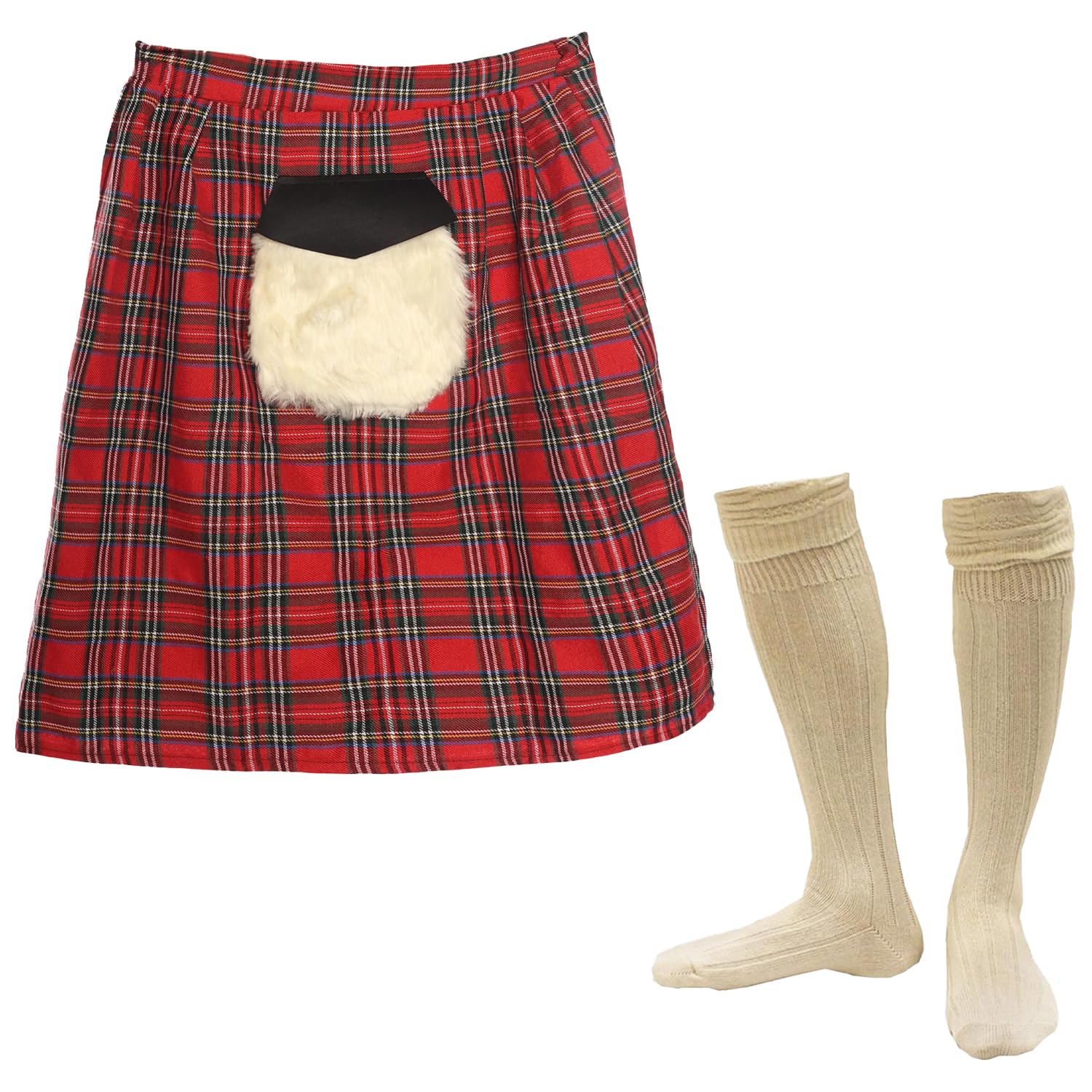 Scottish Costume Accessory Set - Red Tartan Kilt with Attached Sporran and Cream Kilt Socks - Scotland Burns Night St Andrews Day Fancy Dress Costume Accessory Set