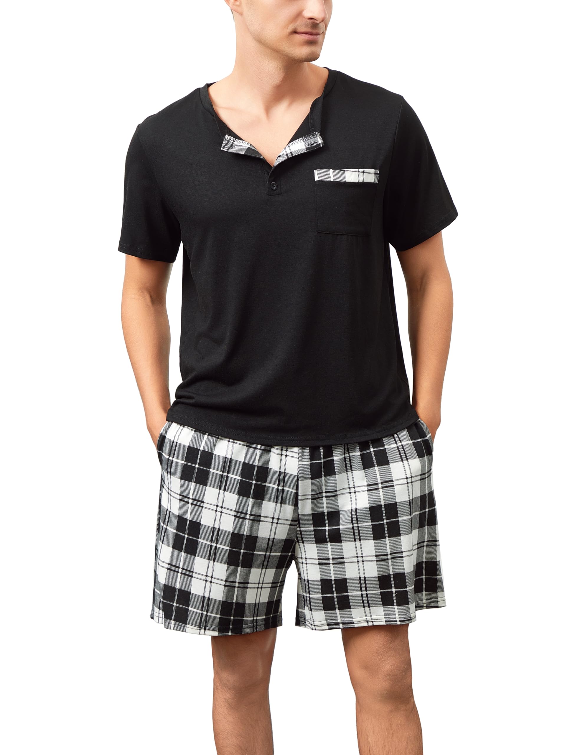 Yukiuiny Herren Schlafanzug Kurz Baumwolle Pyjamaset Weich Leicht Nightwear Set für Sommer V Ausschnitt Oberteil+Shorts