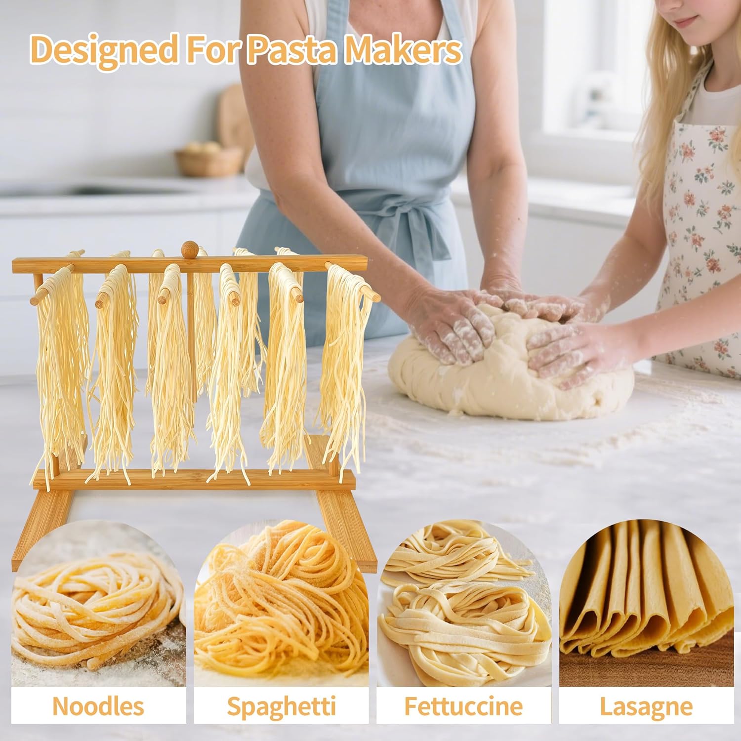 Bamboo-Pasta-Drying-Rack with Transfer Wand & 12 Arms, Large Collapsible Fresh Pasta Dryer Holder for Homemade Noodle, Spaghetti, Tagliatelle, Detachable Fettuccine Hanger Stand with 12 Bars - Image 5