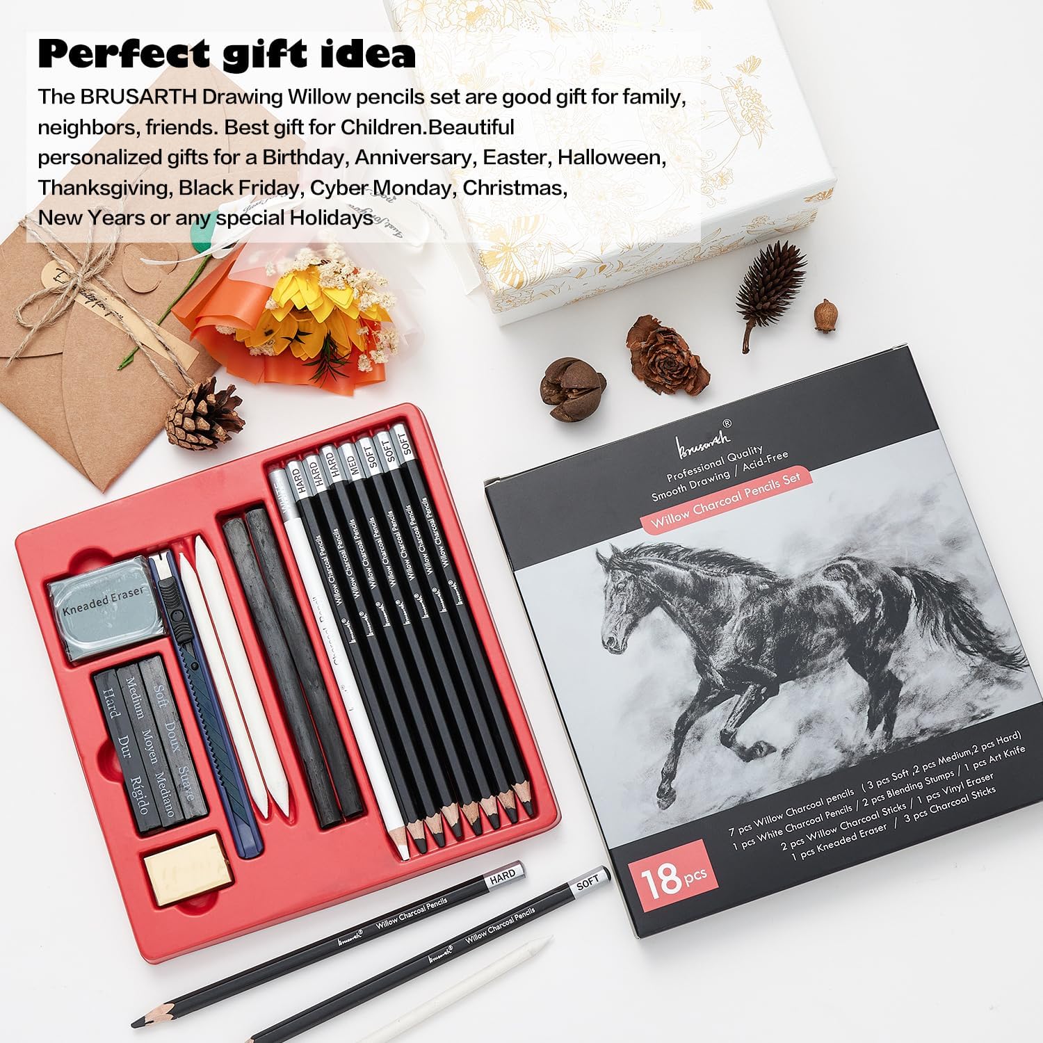 Brusarth Charcoal Pencils for Drawing, 18 Pcs Art Pencil Kit, Professional Sketching Pencil, Art Supplies for Drawing, Shading, Sketching, Blending, Artist Pencils for Beginners & Artists