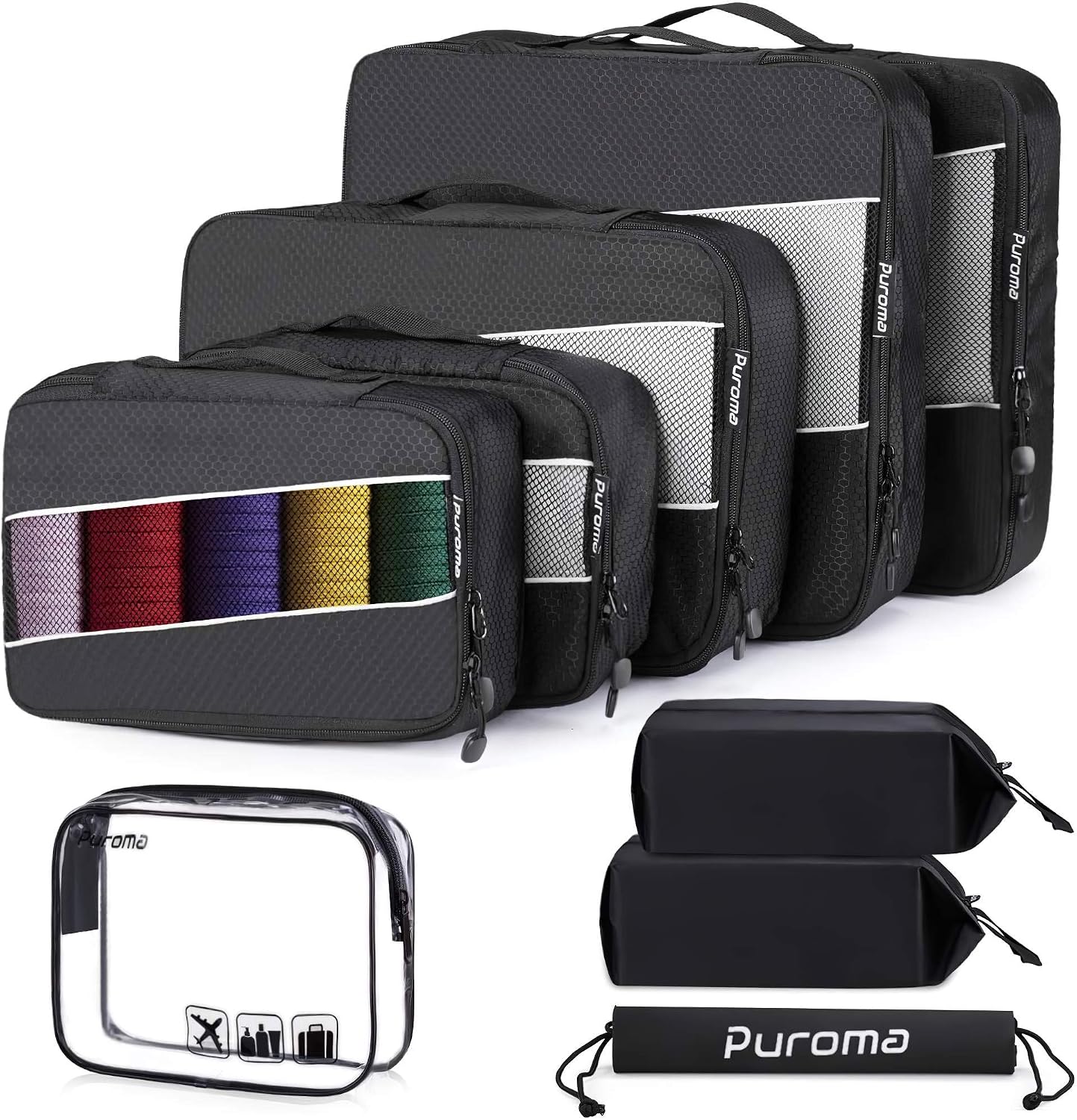 Puroma 4 Sizes Packing Cubes, 11 Pcs Luggage Organizers with 5 Packing Cubes，2 Shoe Bags, TSA Approved Toiletry Bag, Laundry Bag and 2 Luggage Name Tags (Black)