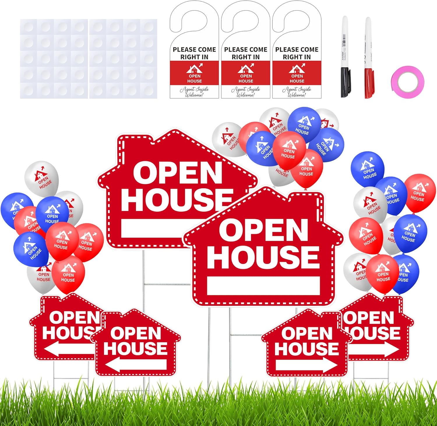 4 Pack Open House Feather Flags 7x5.4 FT for Real Estate Agents, Includes Flagpoles, Ground Stakes, Carry Bag PLUS Guest Sign-In Notebook & Display Sign, Open House Signs for Realtors