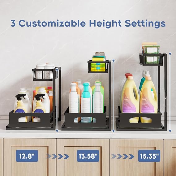 Under Sink Organizer, Height adjustable Under Sink Storage, Pull Out Cabinet Storage Shelves, Slide Out Drawer for Kitchen Bathroom Pantry USO002