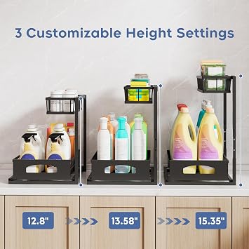 Under Sink Organizer, Height adjustable Under Sink Storage, Pull Out Cabinet Storage Shelves, Slide Out Drawer for Kitchen Bathroom Pantry USO002